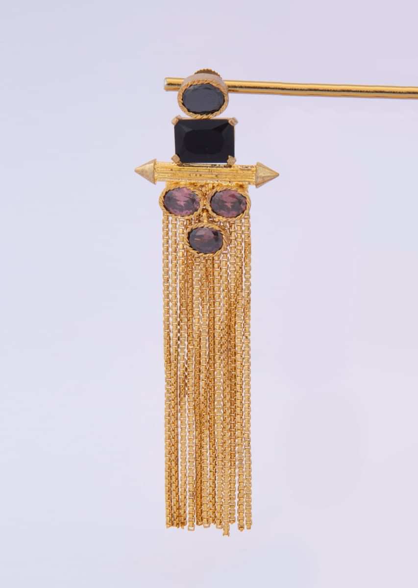 Gold plated sleek tassel earring adorn with black and amethyst semi precious stone only on kalki