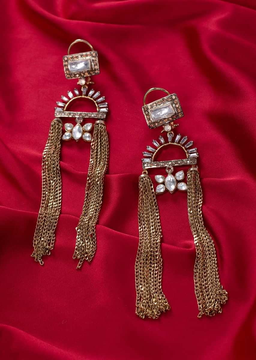 Gold plated sleek tassel earring with kundan stone only on Kalki