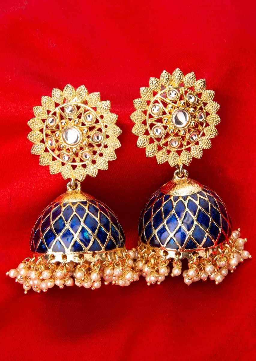 Gold plated stud with persian blue attached stud in nano moti drops only on Kalki