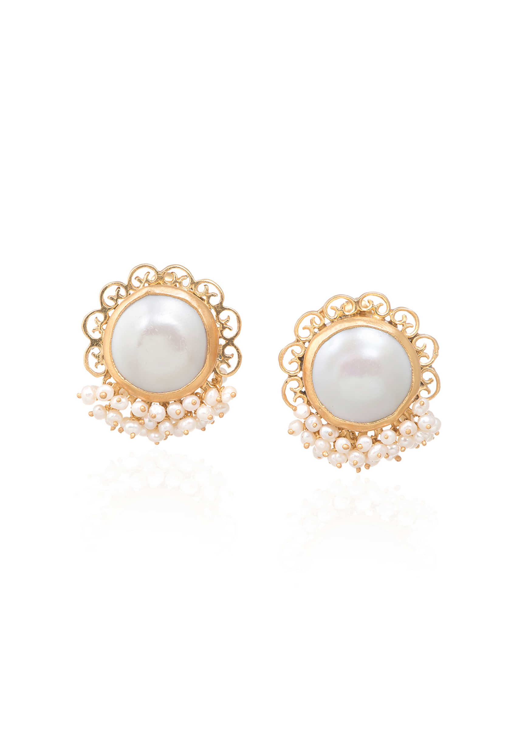 Gold Plated Studs With Baroque Pearls Edged In Filigree Design And Pearls By Zariin