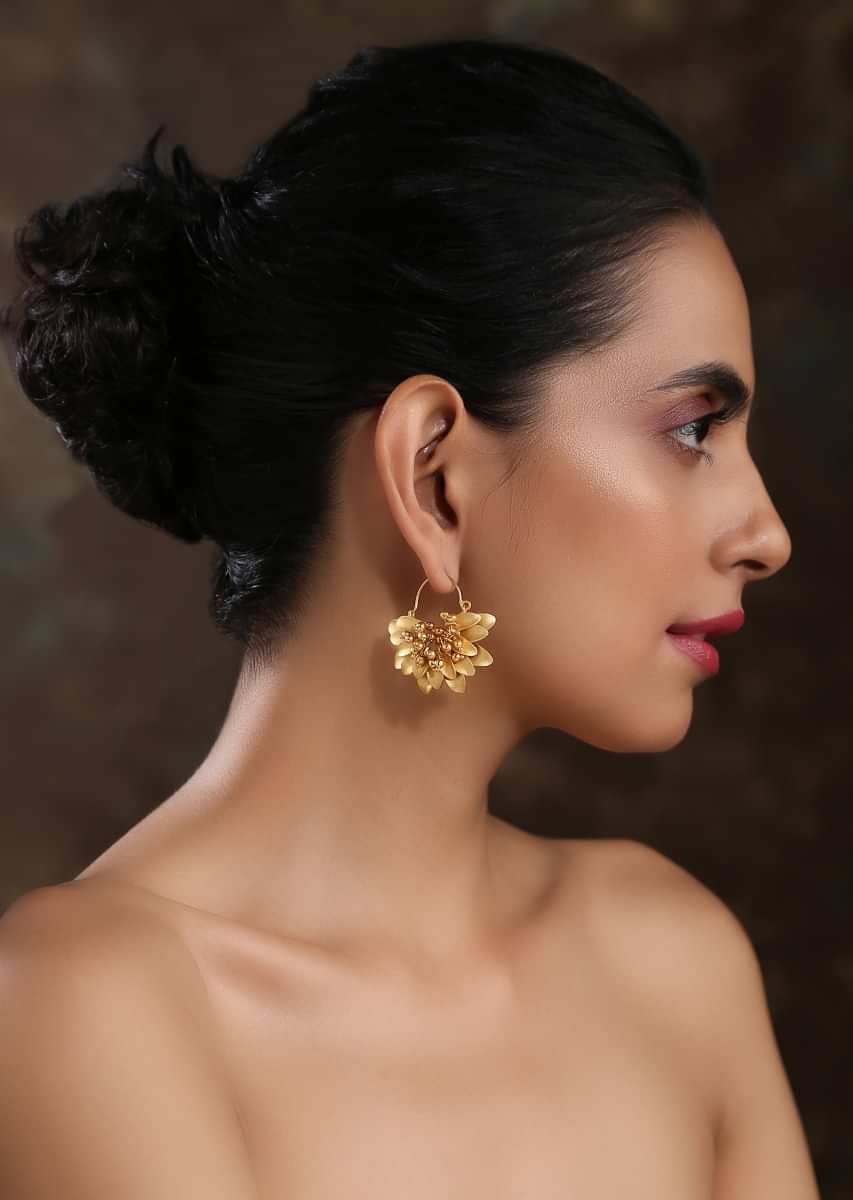 Gold Plated Temple Earrings With Emboss  Work And Dangling Bead Tassels In The Centre By Paisley Pop