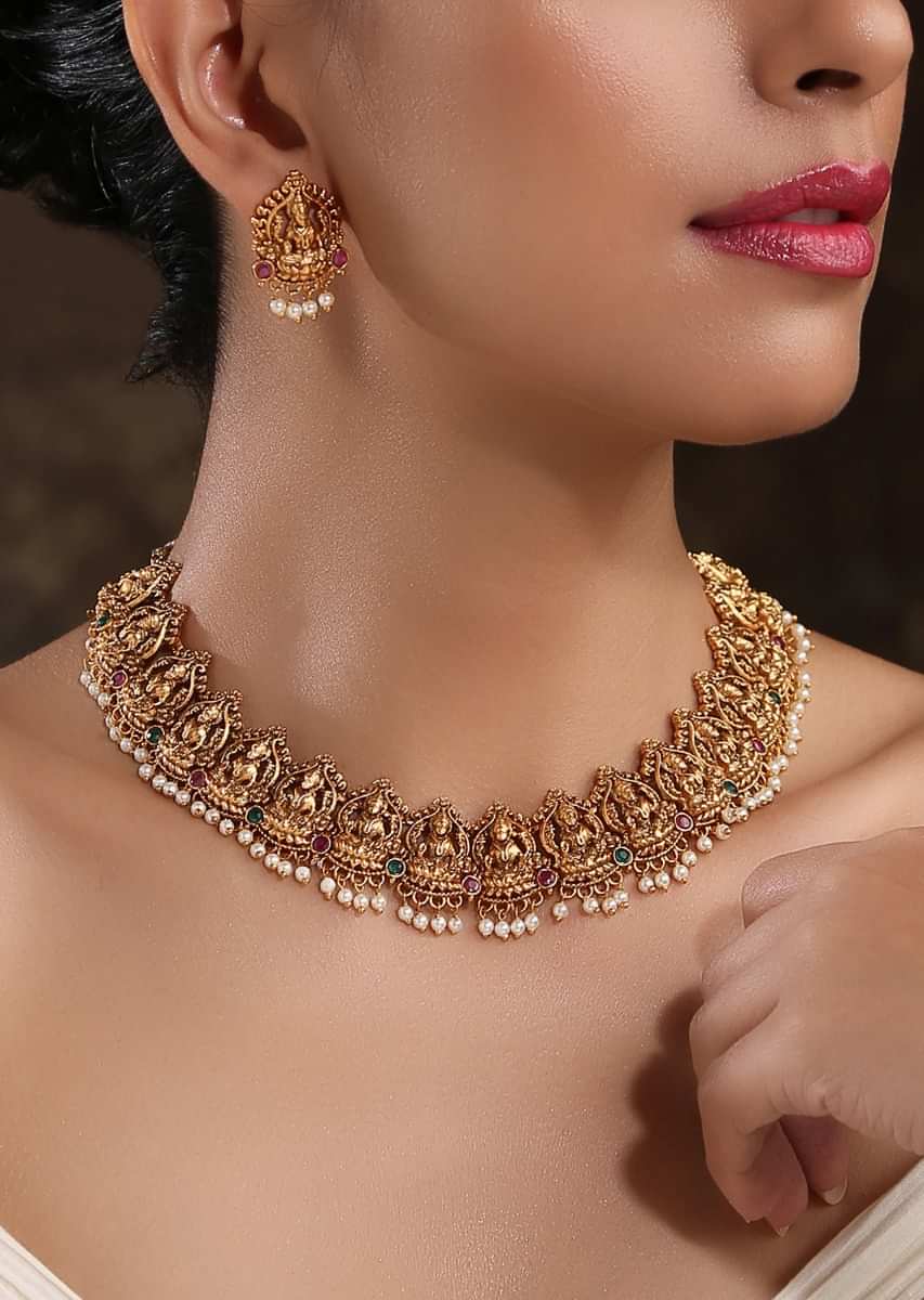 Gold Plated Temple Necklace Set With Intricate South Indian Temple Inspired Designs And Moti Work By Paisley Pop