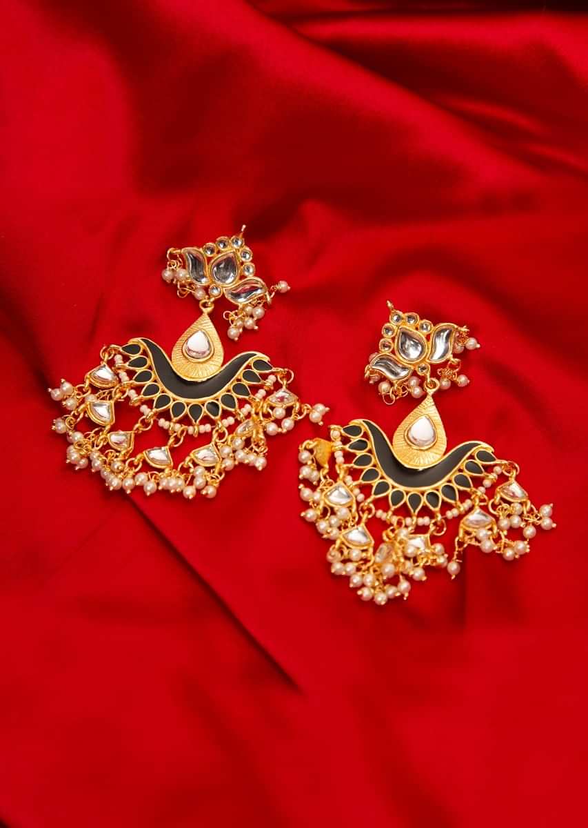 Gold plated traditional earring with black semi precious stone 