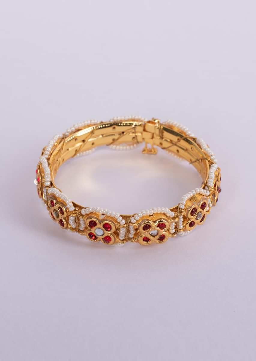 Gold plated traditional kada with red and white moti only on Kalki
