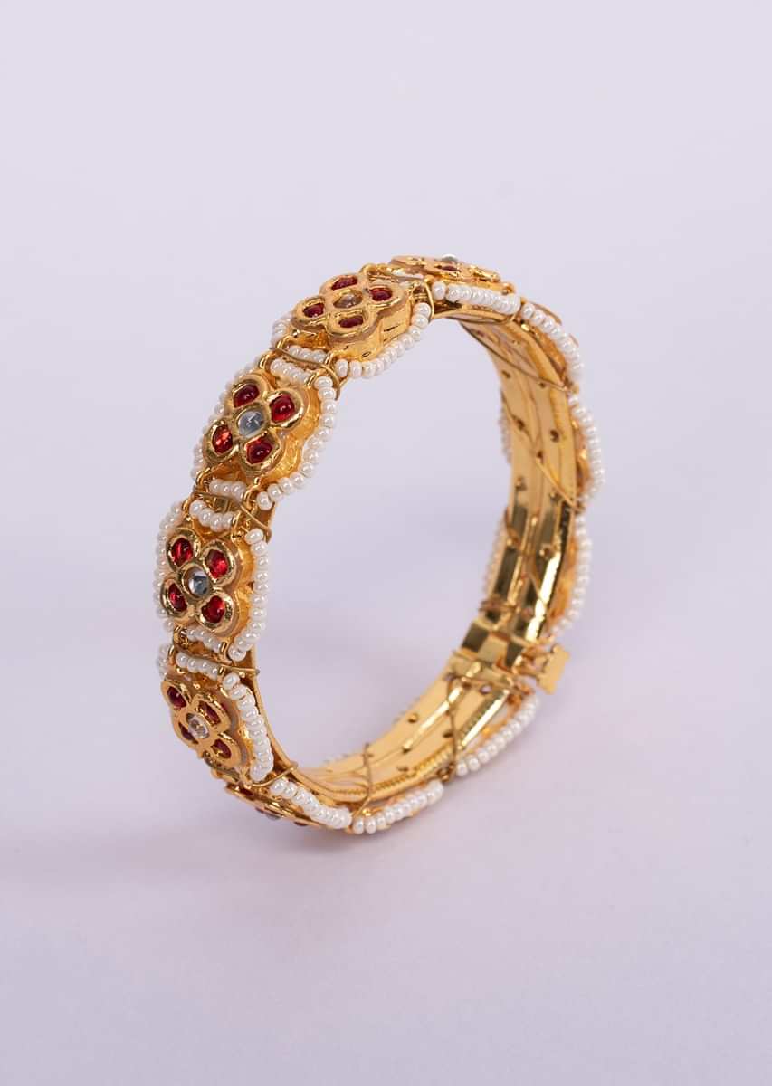 Gold plated traditional kada with red and white moti only on Kalki