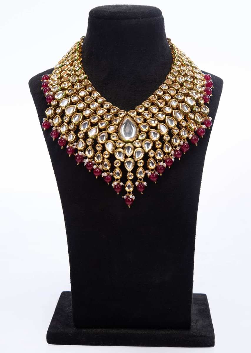 Gold plated traditional kundan necklace with magenta and off white beads only on Kalki