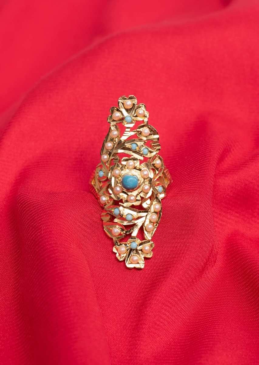 Gold plated traditional ring with blue and white pearls only on Kalki