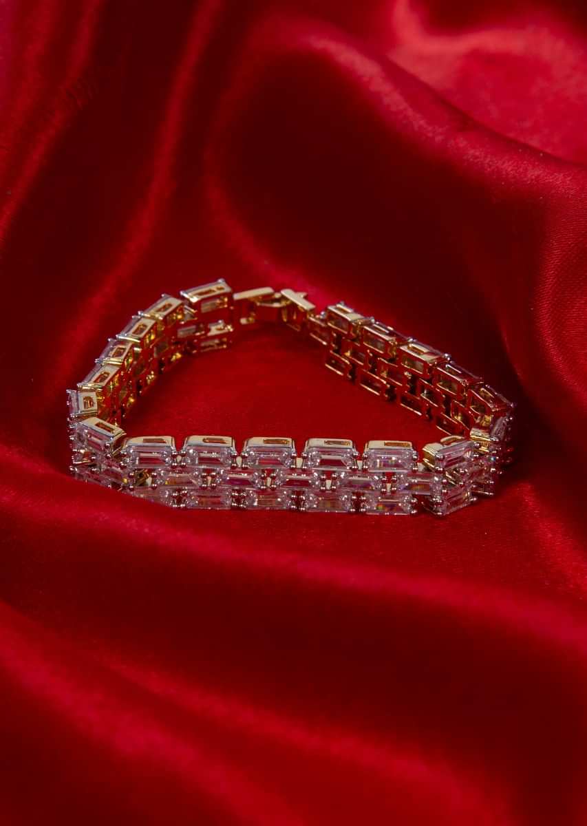 Gold plated triple layer bracelet with  rectangular crystal bead only on Kalki
