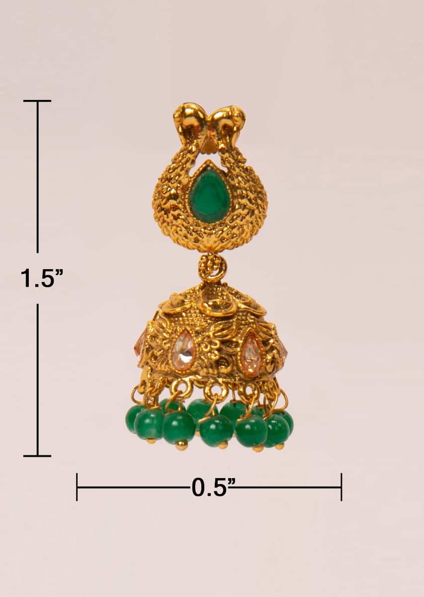 Gold plated uncut traditional jhumkas with emerald green beads