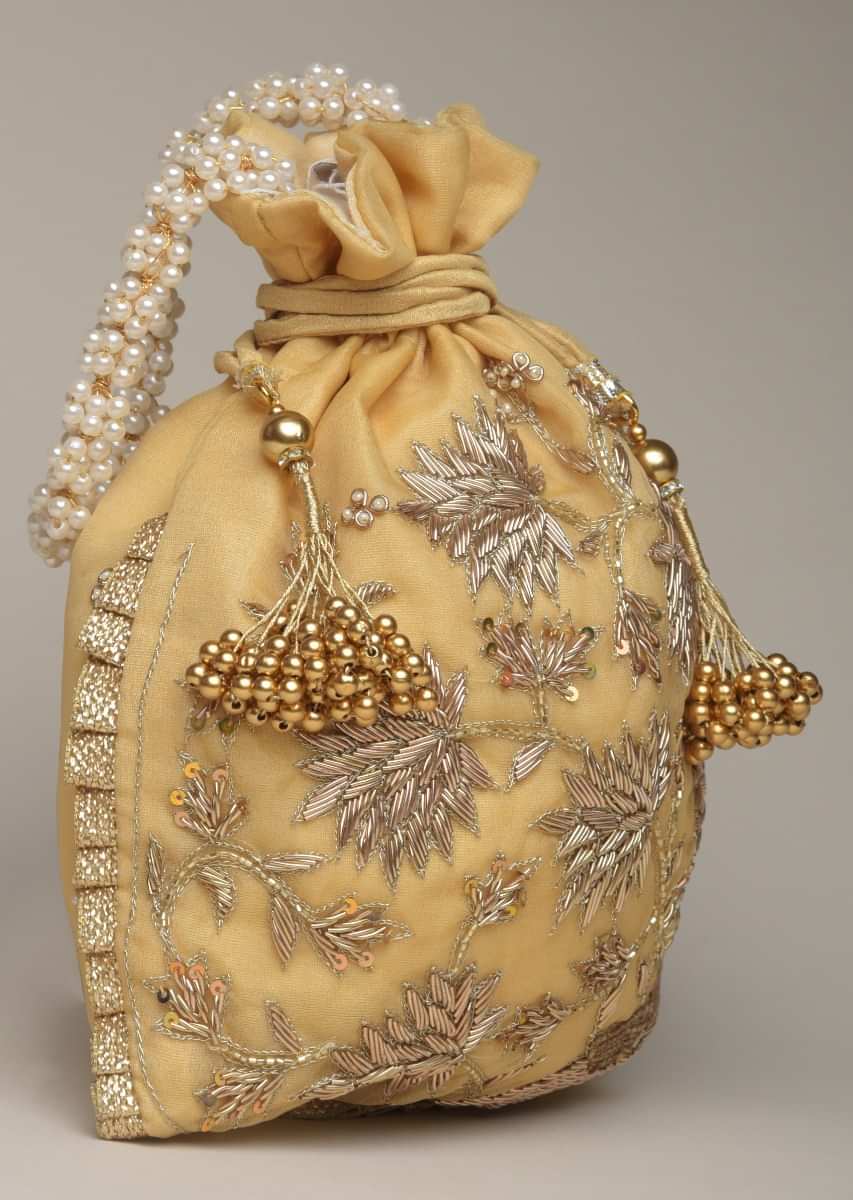 Buy Gold Potli Bag In Silk With Zardosi Embroidery In Floral Design