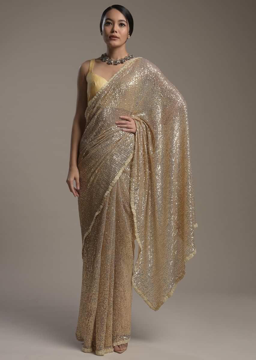 Peach Shimmer Saree with Gold Sequins and Stone Embroidery