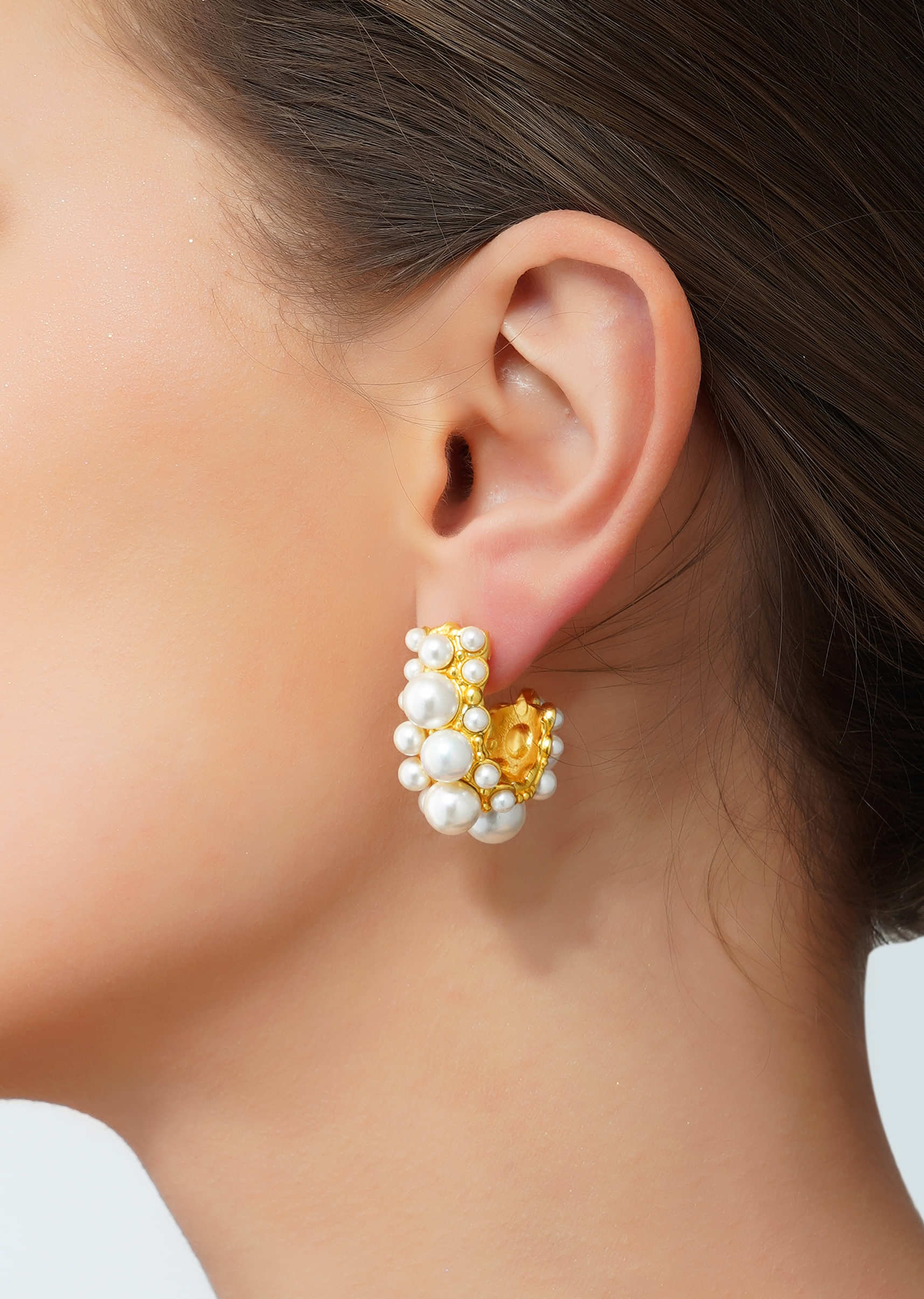 Gold 22K Bubbles Hoops Earrings With White Shell Pearl 