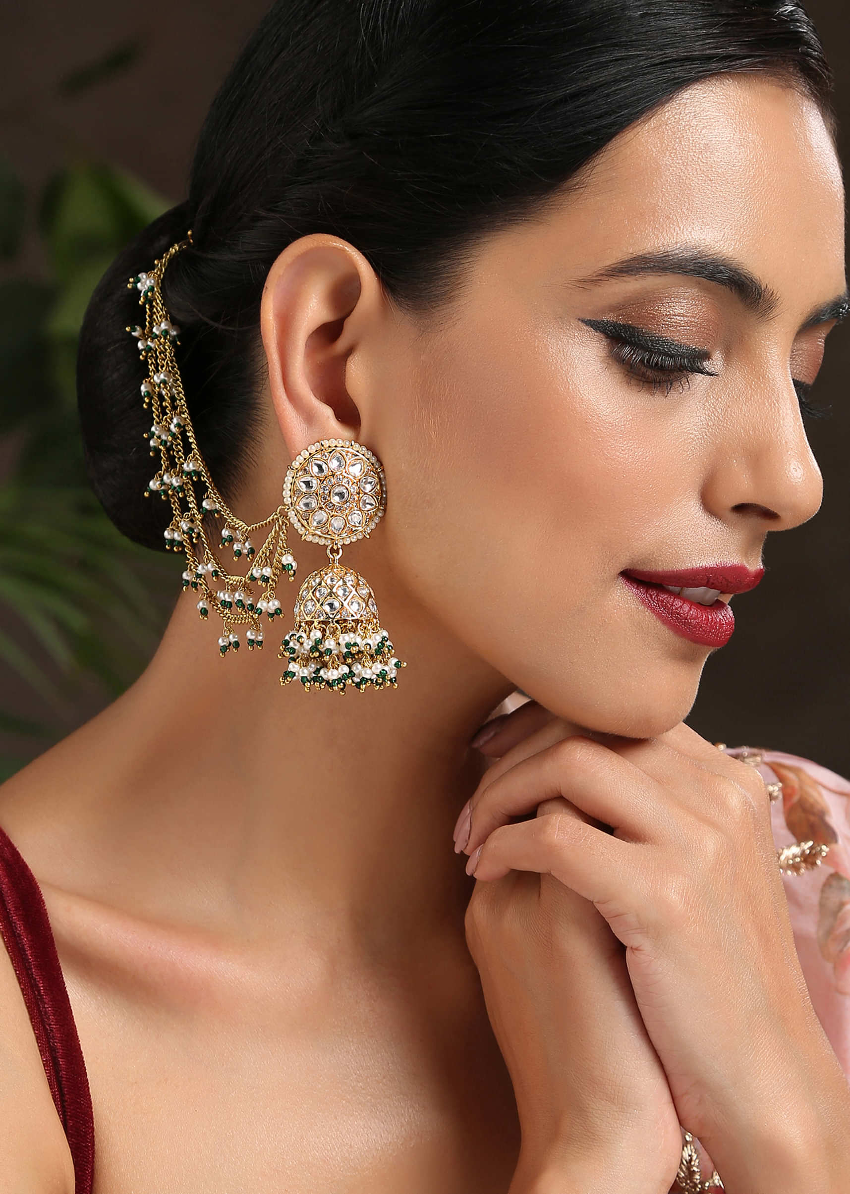 Gold And Green Jhumkas Encrusted With Kundan And Ling Pearl Hair Chain By Paisley Pop