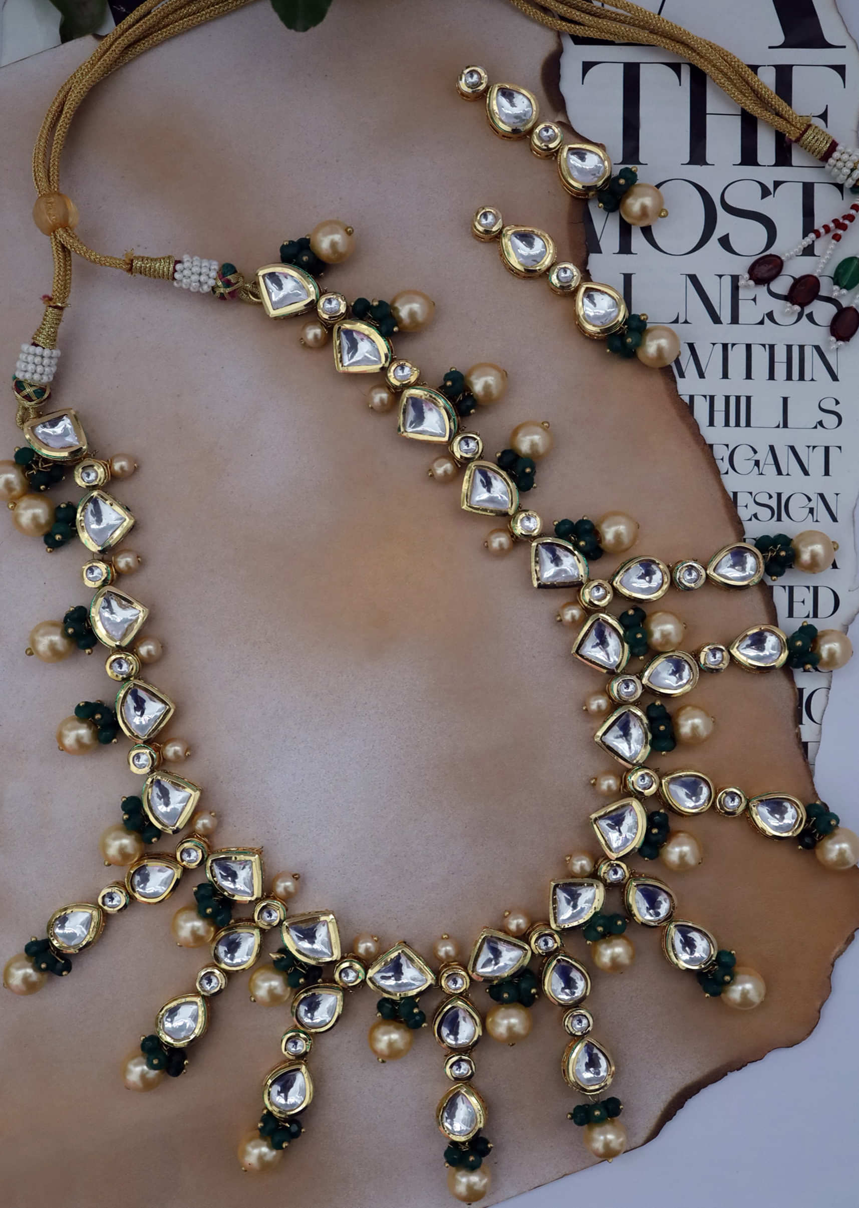 Gold And Green Necklace Set With Kundan, Pearls And Green Stones In An Edgy Design By Paisley Pop