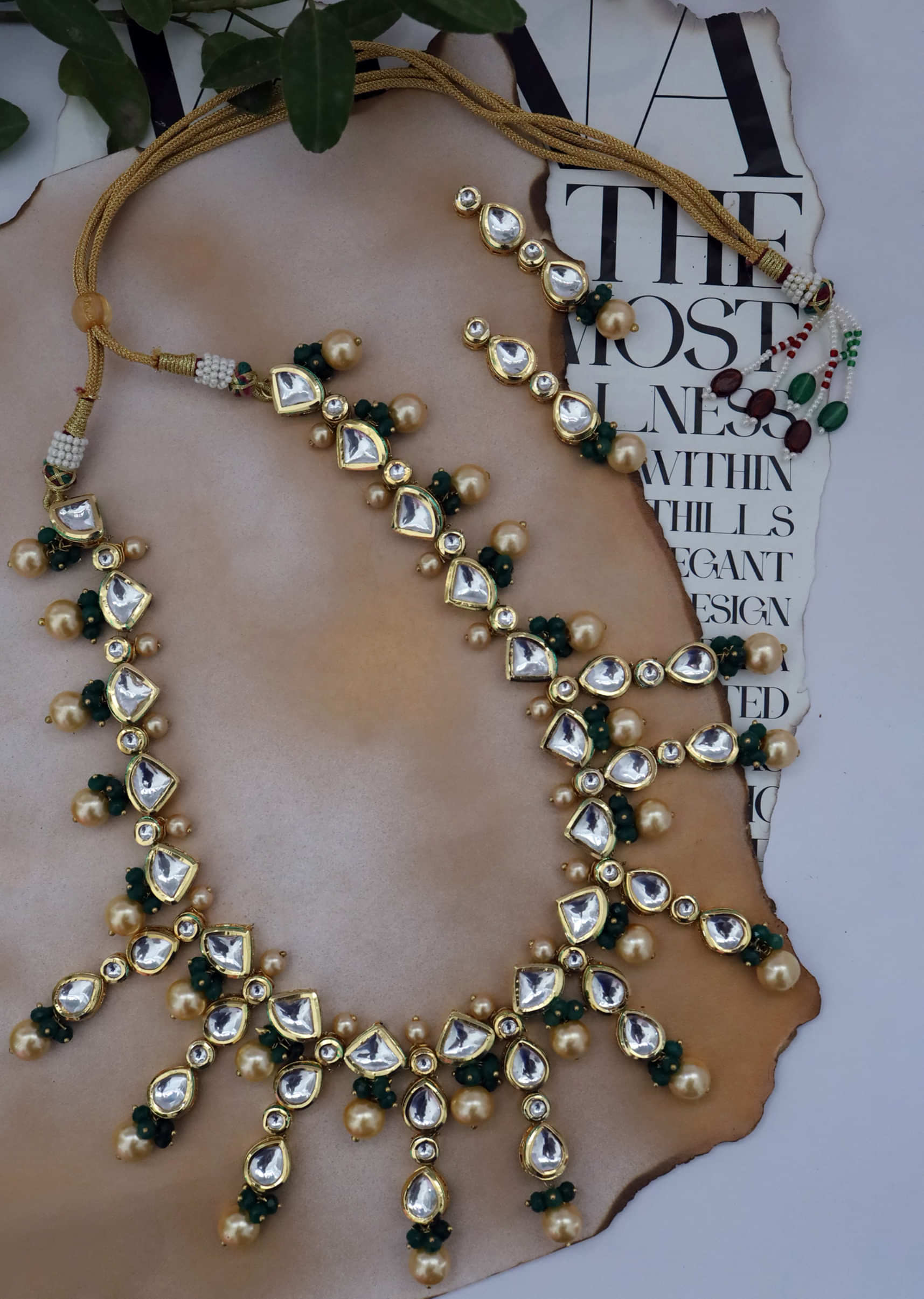 Gold And Green Necklace Set With Kundan, Pearls And Green Stones In An Edgy Design By Paisley Pop