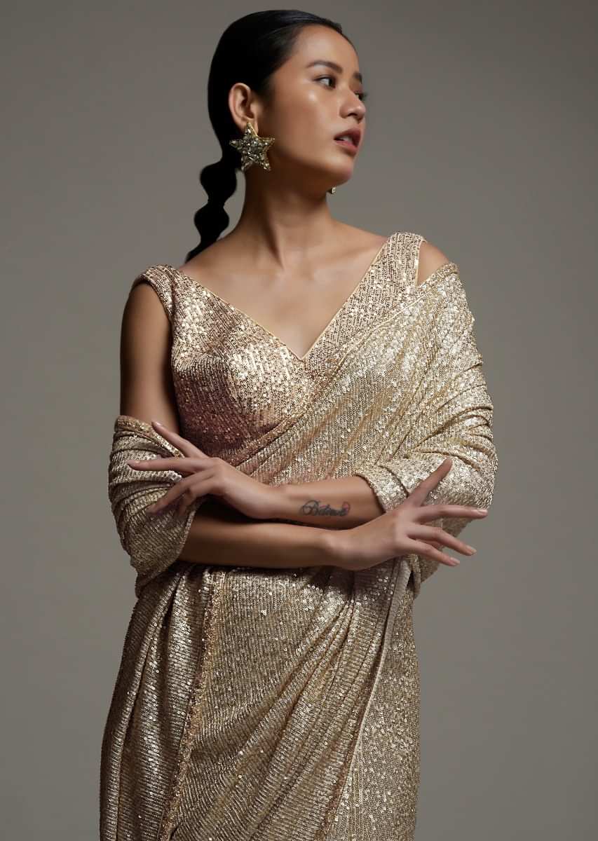 Gold Beige Saree Embellished In Sequins With Fringes On The Pallu And Unstitched Blouse