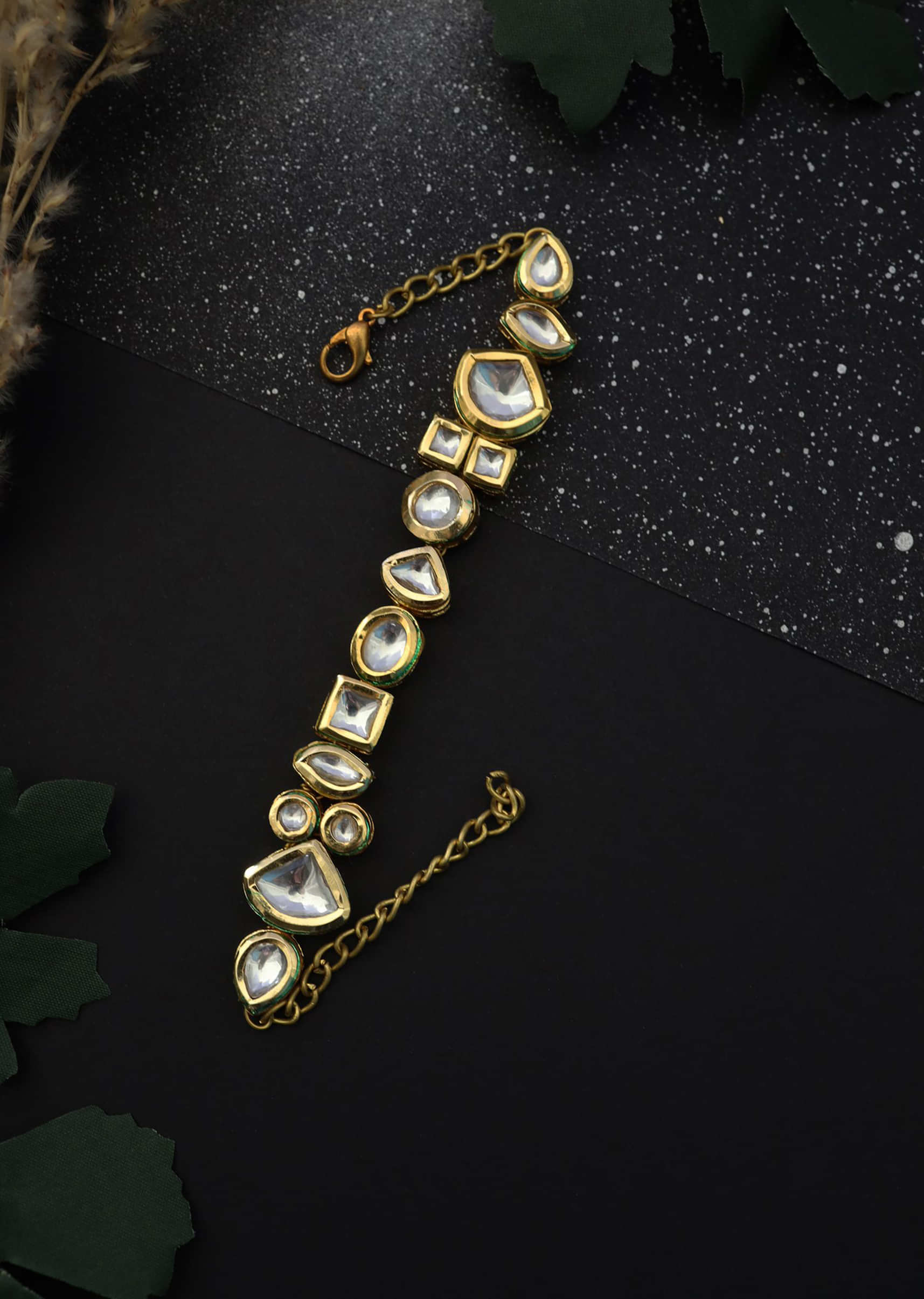 Gold Bracelet With Kundan Assembled In An Opulent Design By Paisley Pop