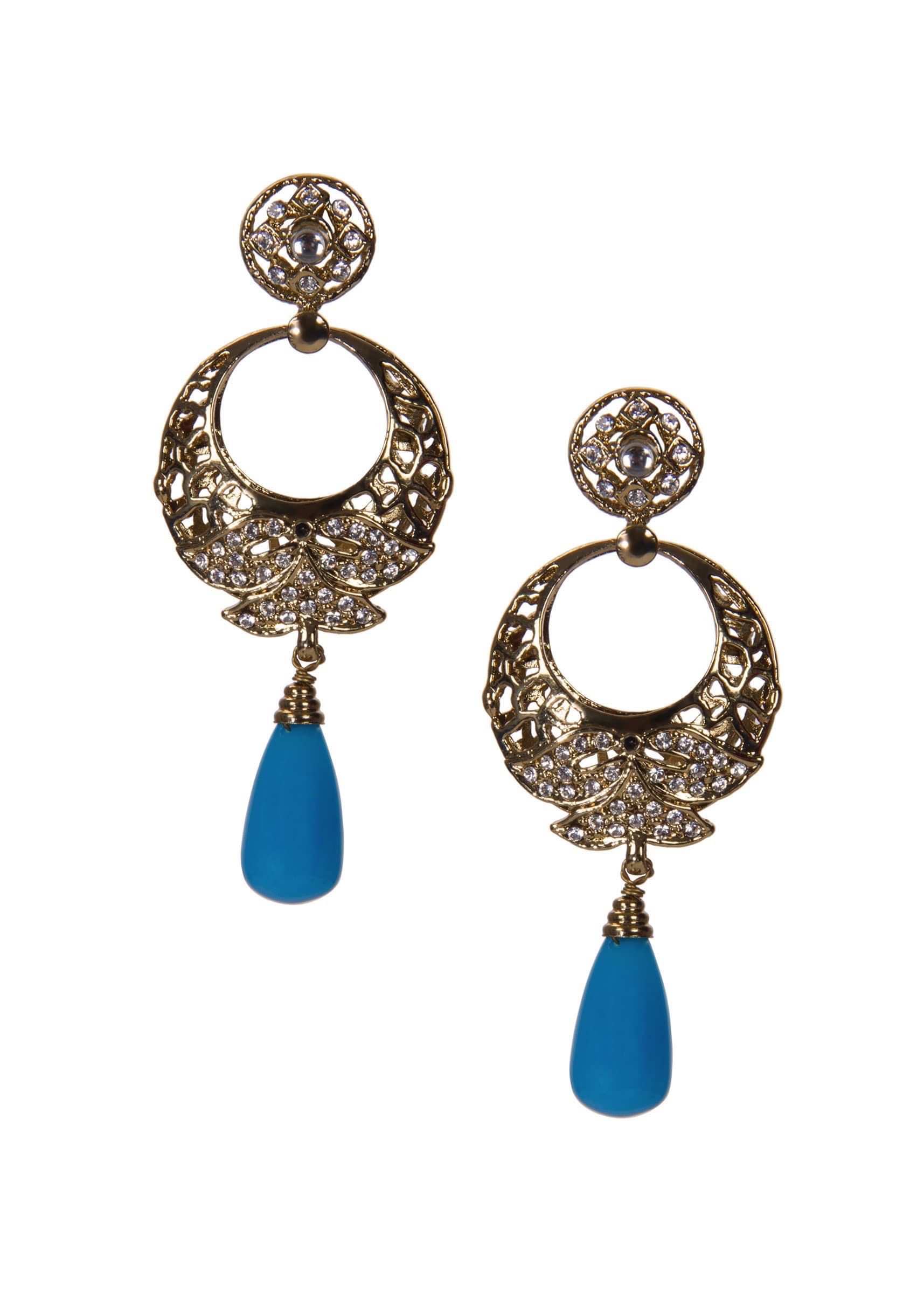 Gold Chandbalis Adorn With Diamonds and Blue Pearl Drop only on Kalki