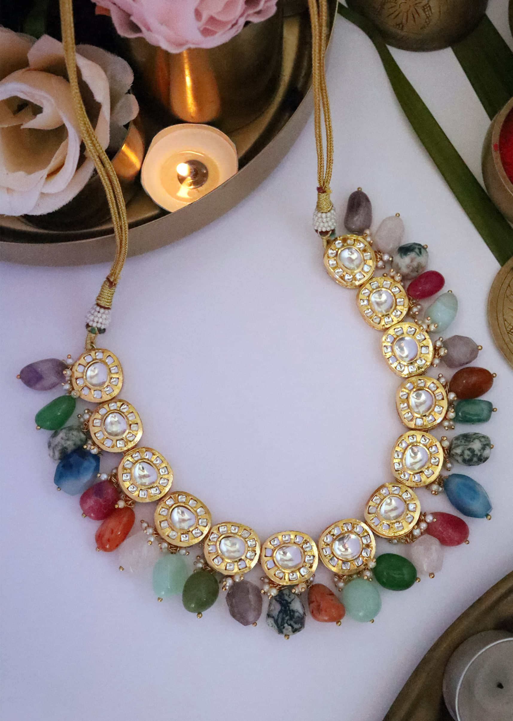 Gold Choker Necklace With Navratna Stones Dangling From Classy Kundan Design By Paisley Pop