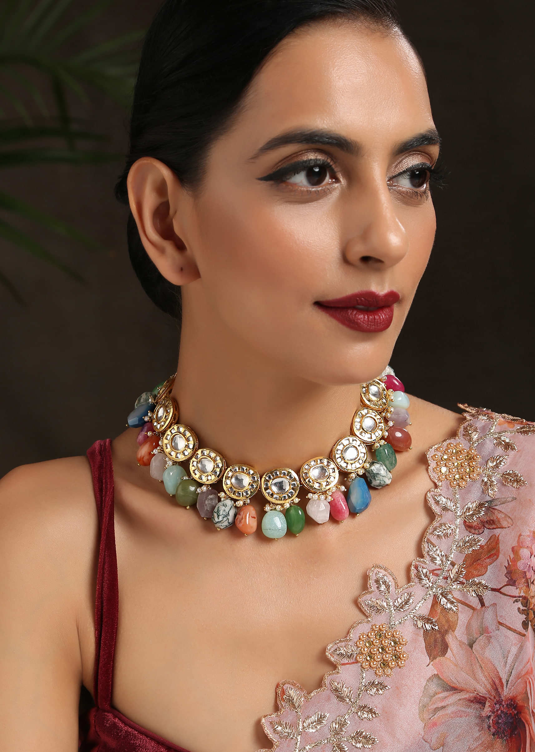 Gold Choker Necklace With Navratna Stones Dangling From Classy Kundan Design By Paisley Pop