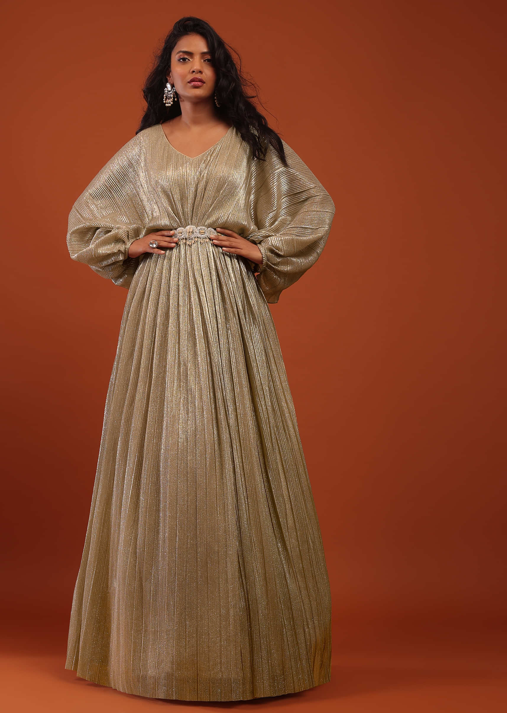 Buy Gold Crushed Kaftan Gown With An Embellished Waistbelt