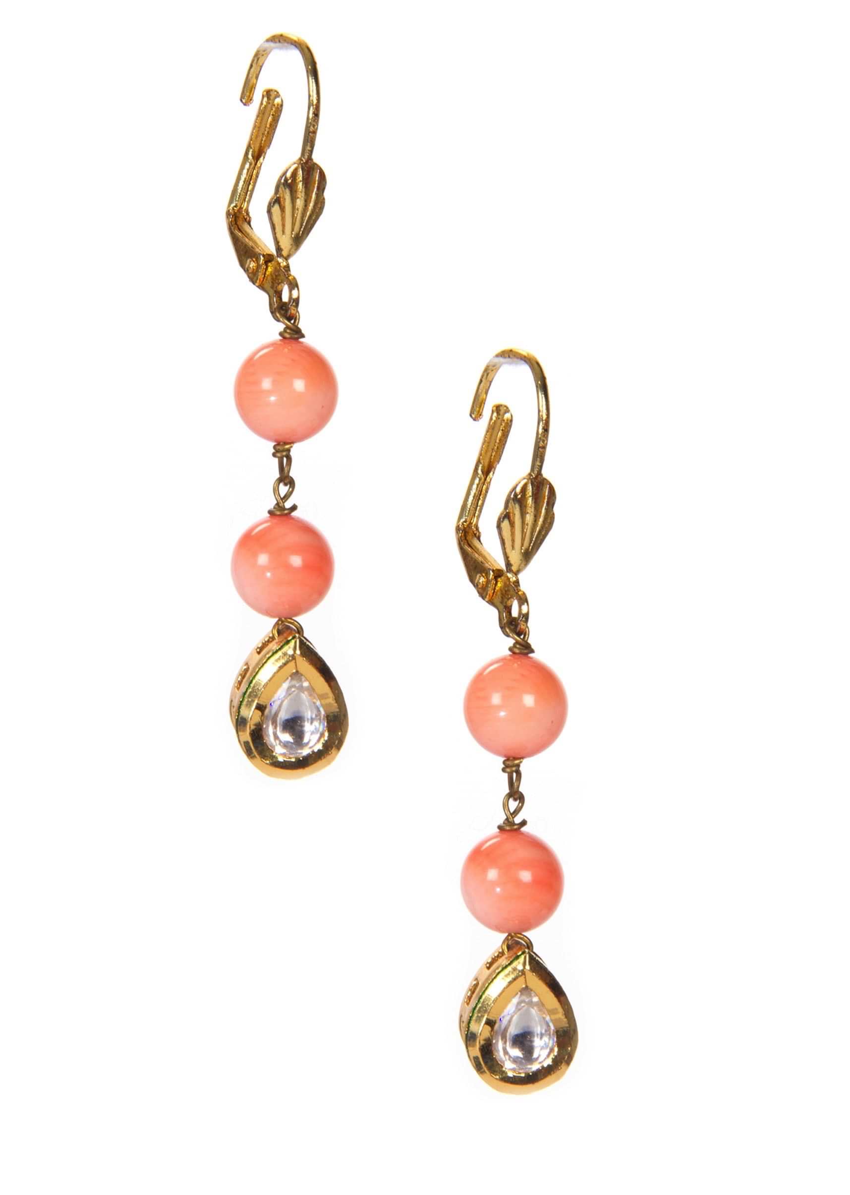 Gold Earrings Embellished in Peach Pearls only on Kalki