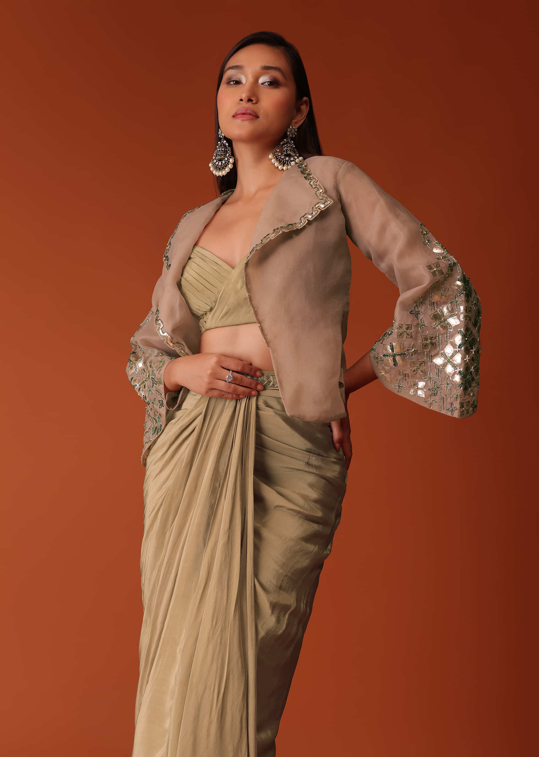 Gold Festive Dhoti Suit Set In Crepe With Foil Embroidery