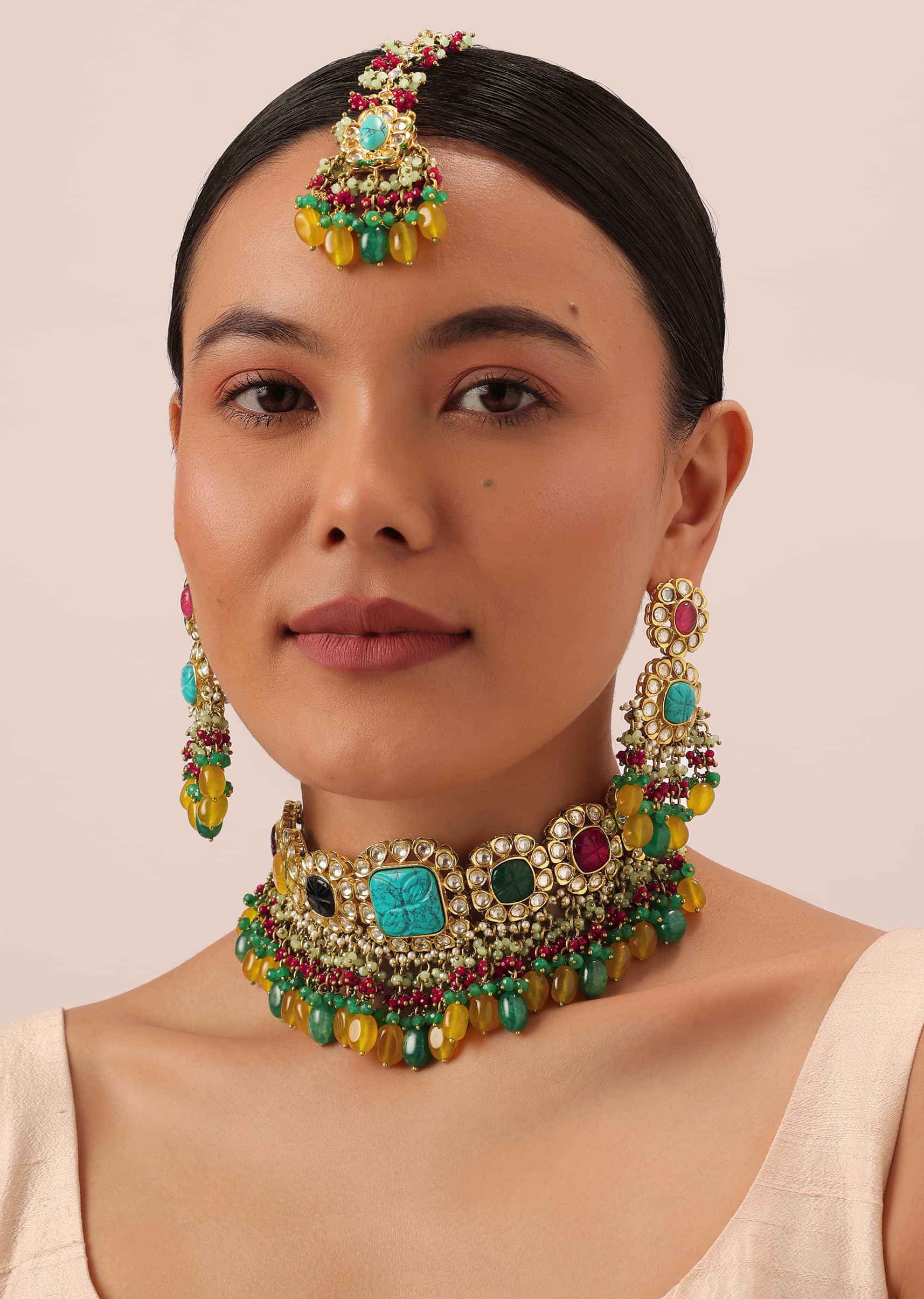 Floral Design Mint Green Gold Kundan Choker set with maang Tikka