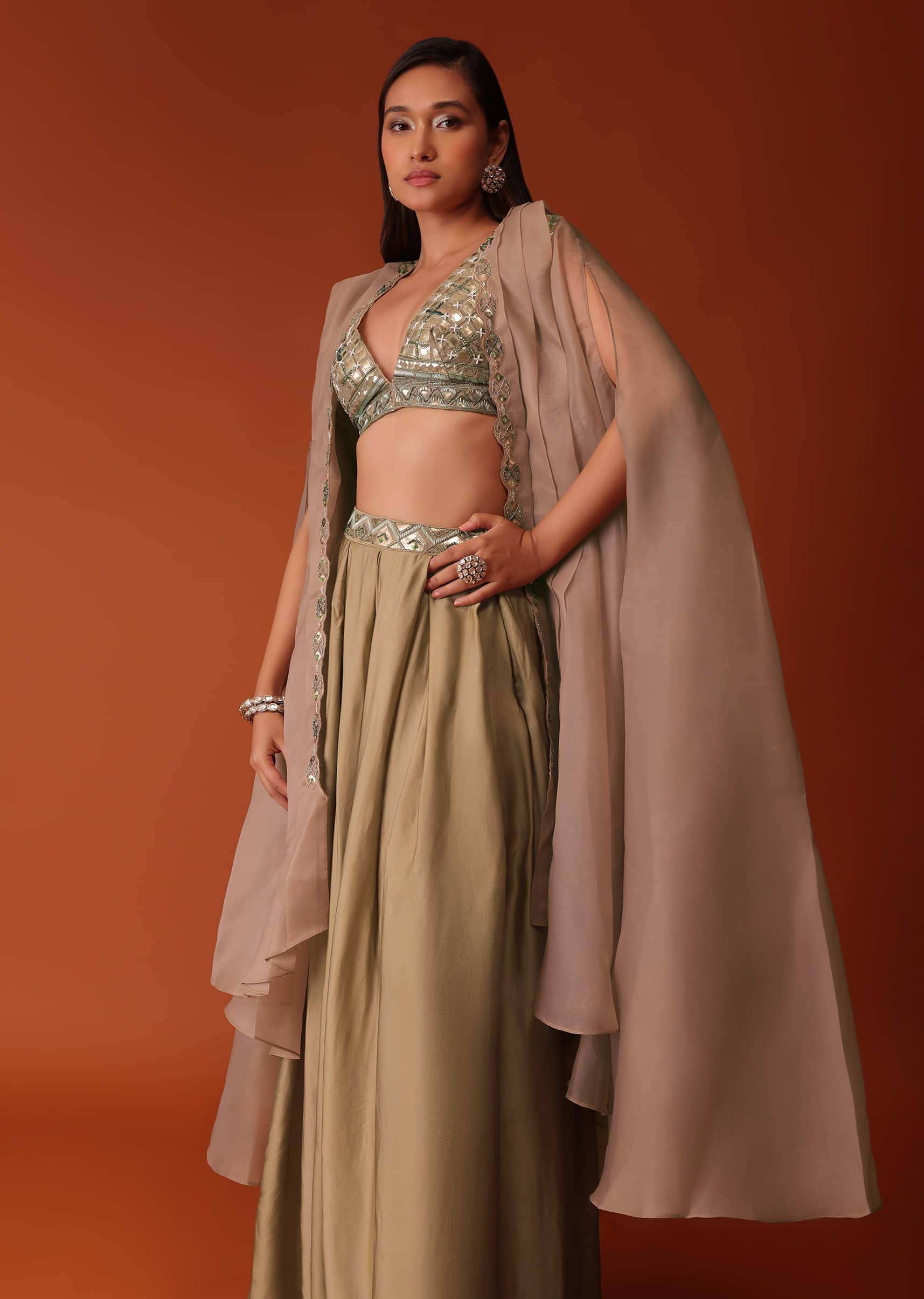 Gold Foil Embroidered Bridesmaid Lehenga And Blouse With Frill Sleeves
