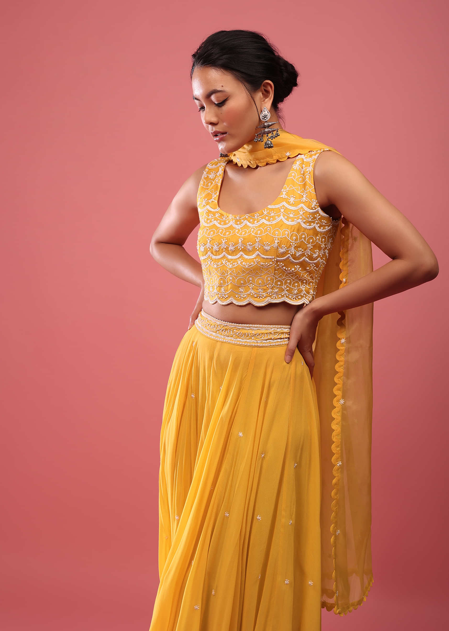 Canary Yellow Lehenga In Georgette With Fully Embroidered Blouse And Organza Dupatta