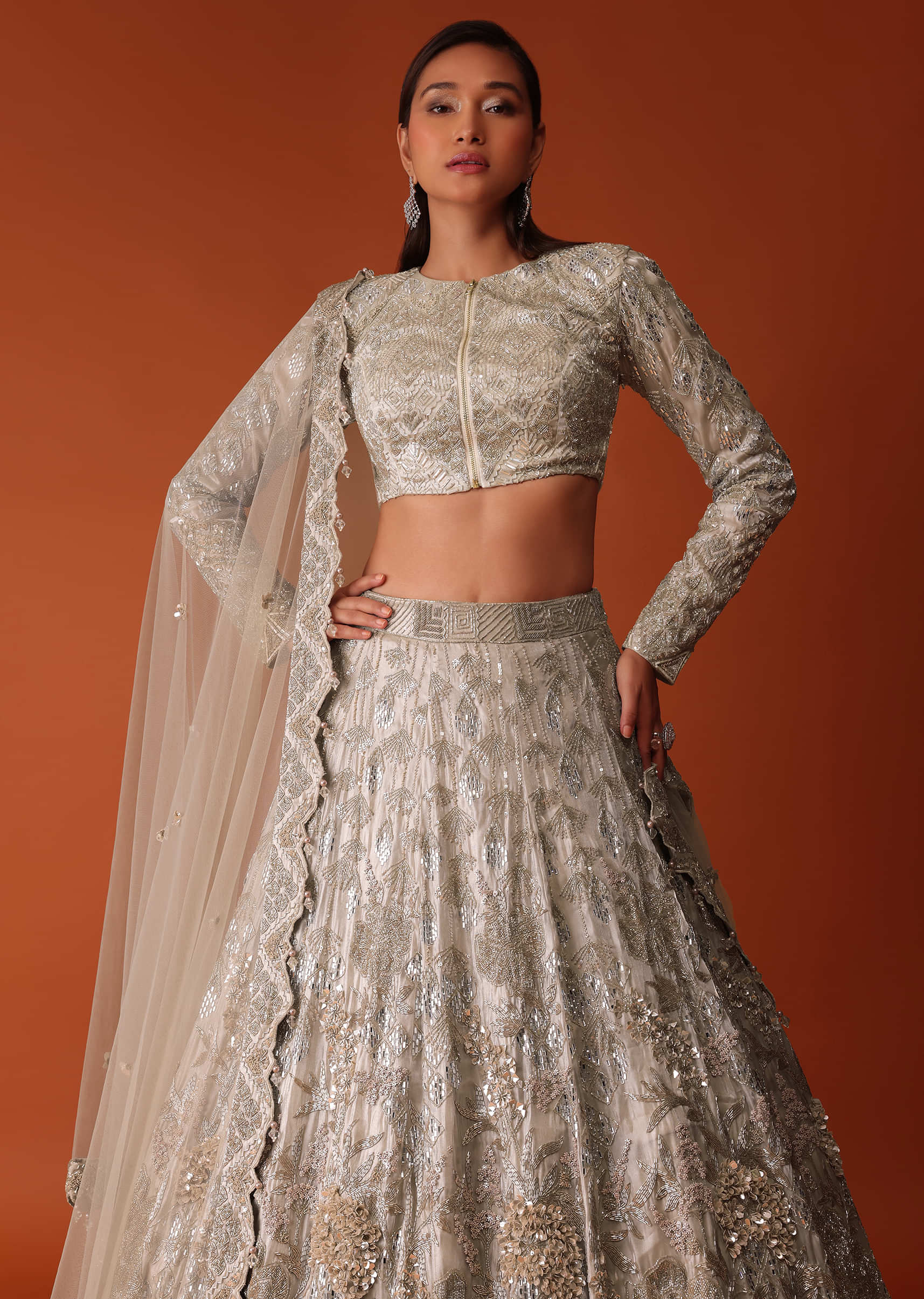 Gold Hand Embroidered Bridal Lehenga Set In Organza