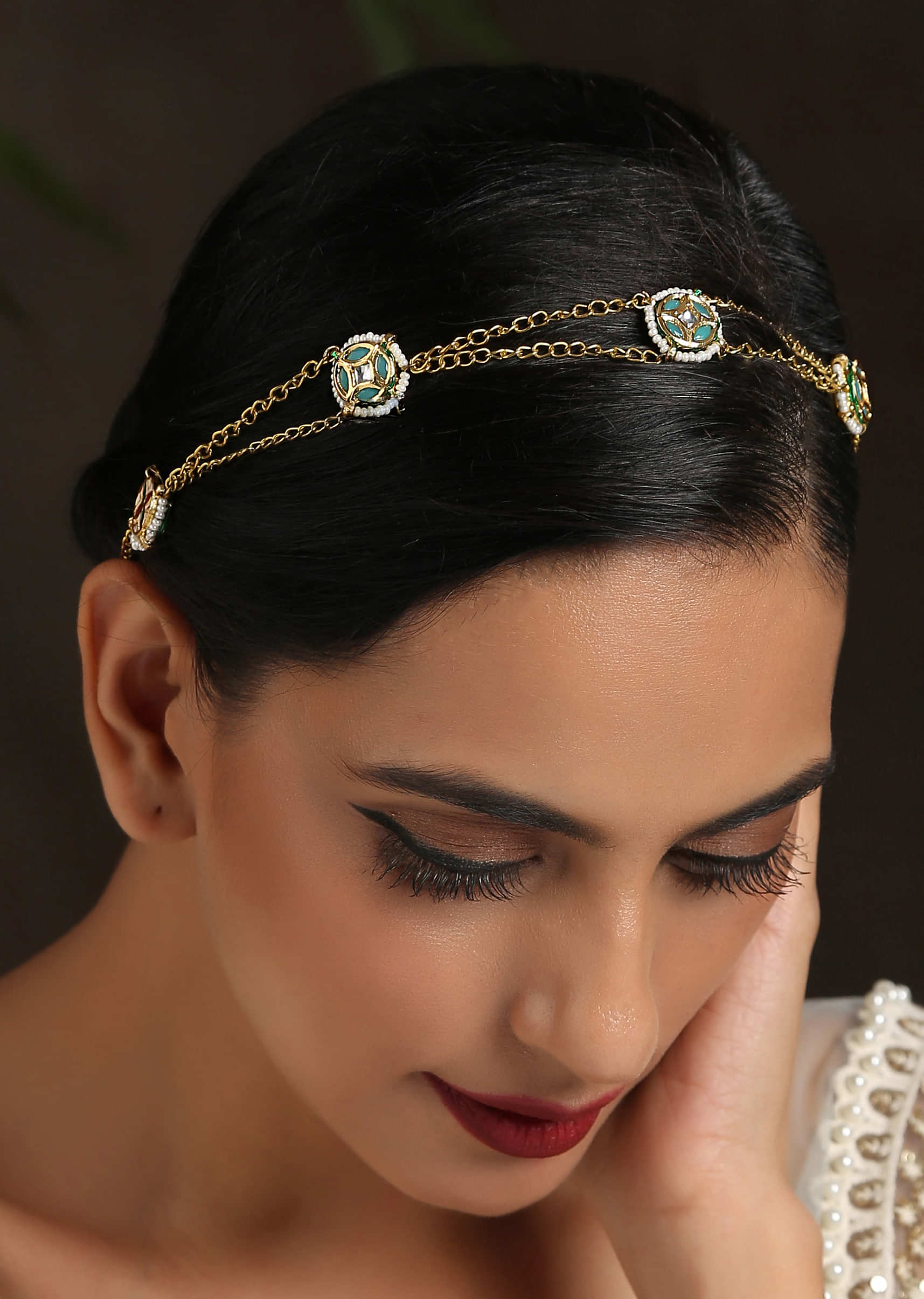 Gold Headband With Kundan And Shell Pearl Motifs Linked On Delicate Chains By Paisley Pop