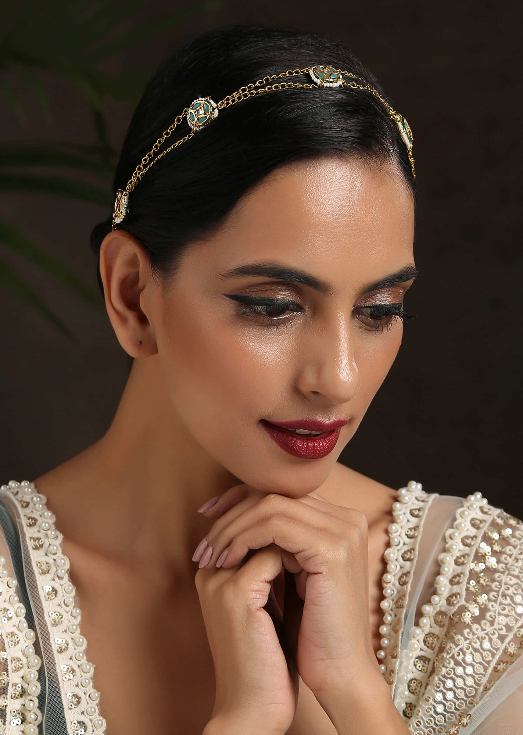 Gold Headband With Kundan And Shell Pearl Motifs Linked On Delicate Chains By Paisley Pop