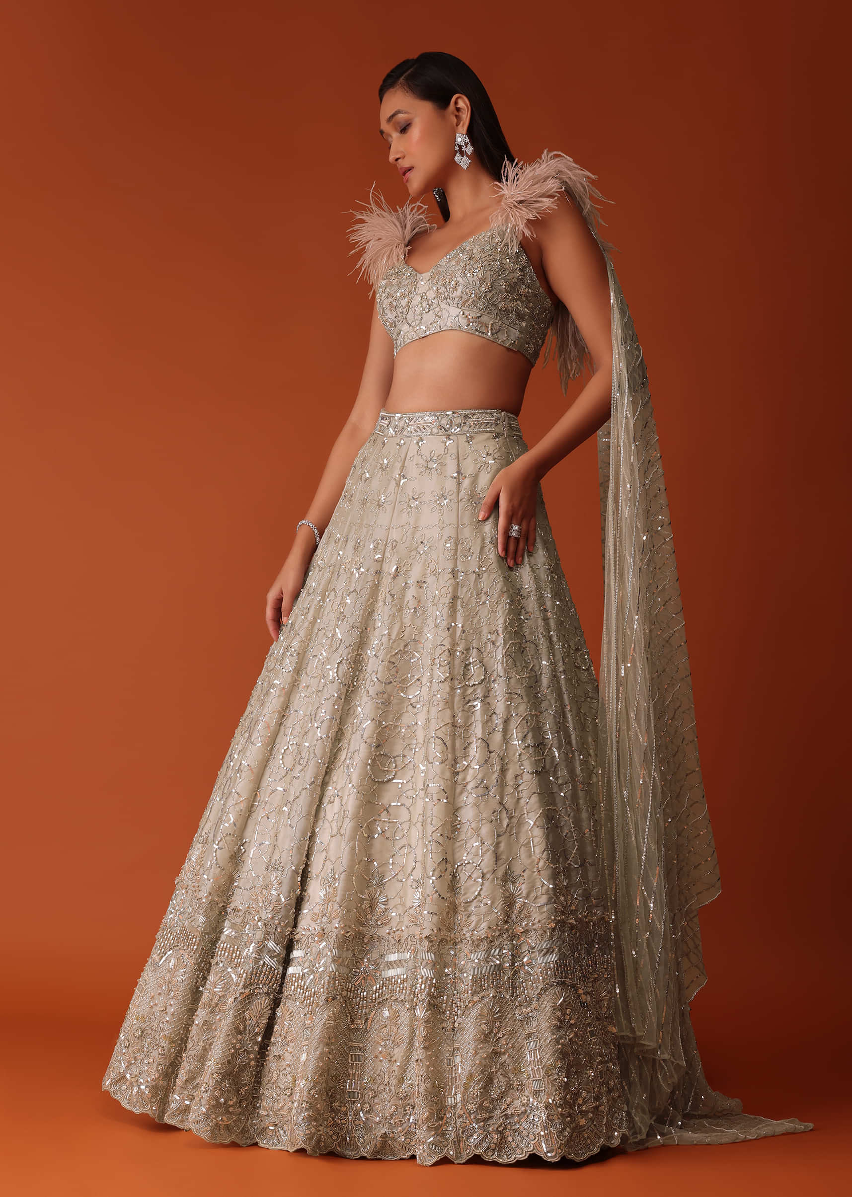 Gold Heavy Hand Embroidered Bridal Lehenga Set In Organza