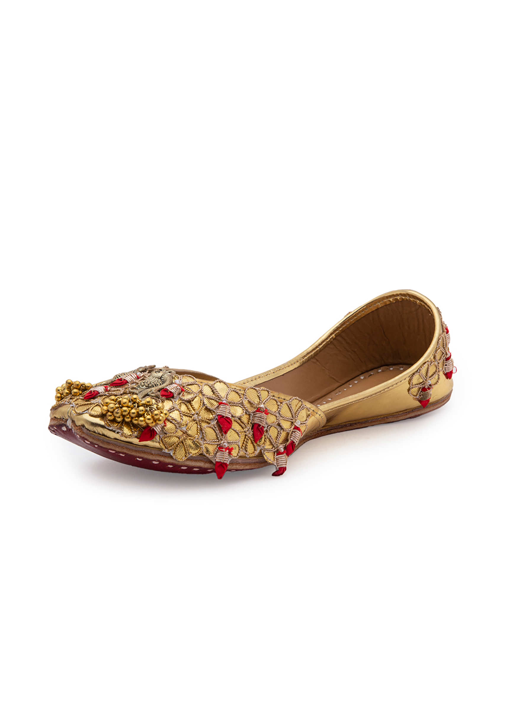 Gold Juttis With Red And Gold Gotta Patti Embroidery All Over And Tiny Ghungroos By 5 Elements