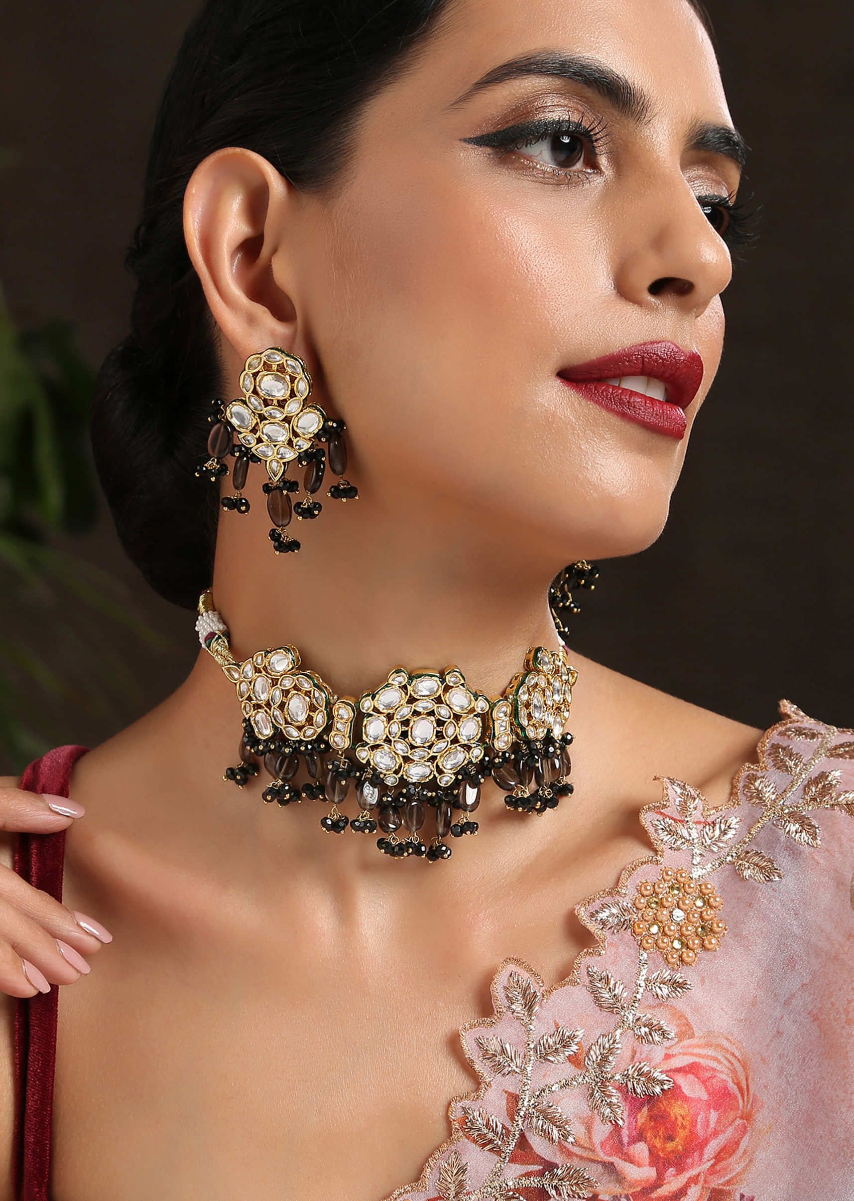 Gold Kundan Choker And Earrings Set With Dangling Stones In Black And Brown By Paisley Pop