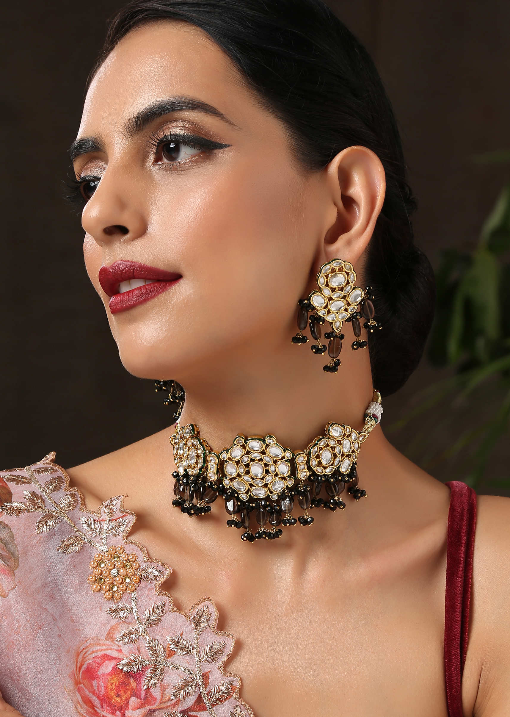 Gold Kundan Choker And Earrings Set With Dangling Stones In Black And Brown By Paisley Pop