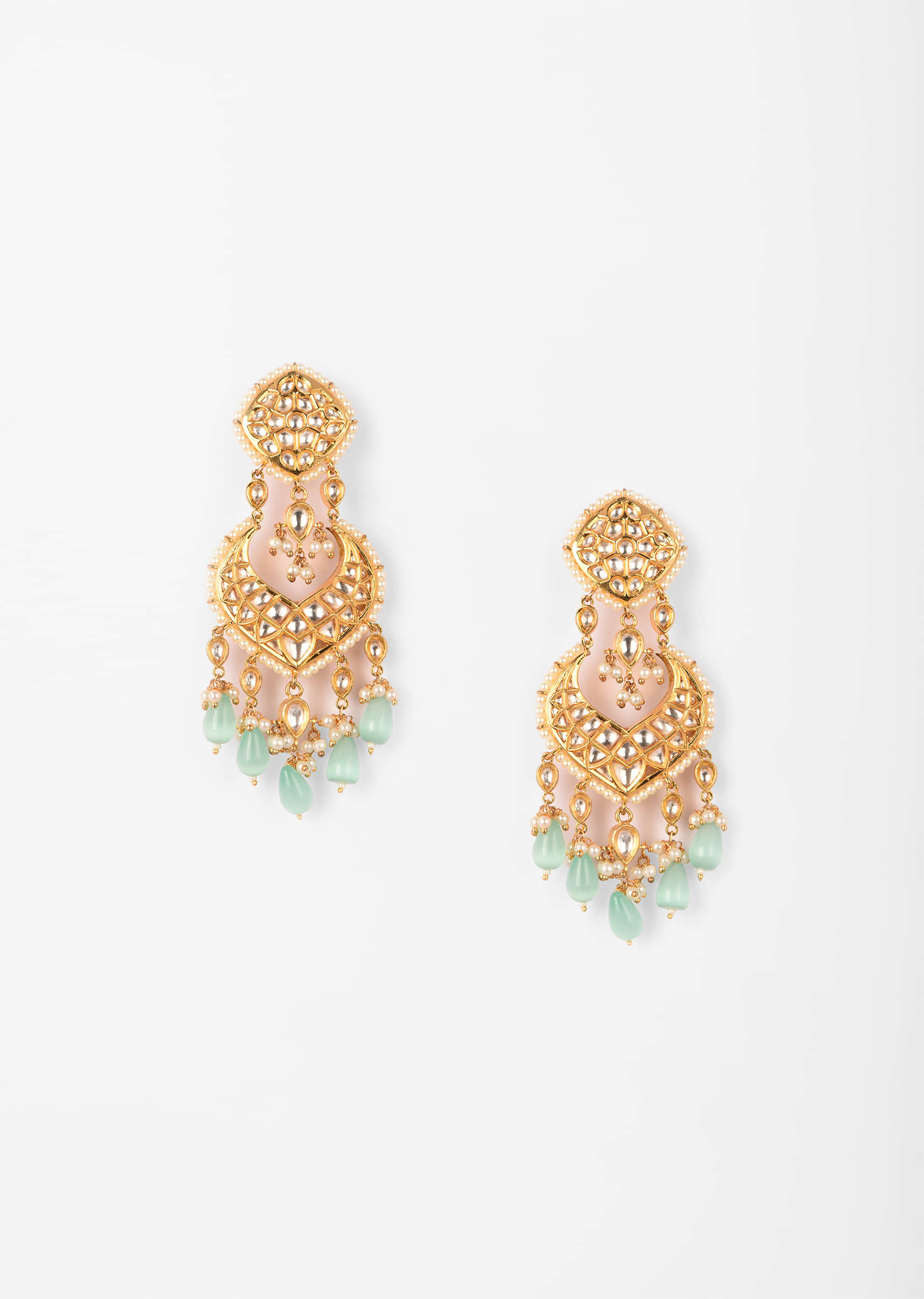 Gold Kundan Earrings With Dangling Pearl And Green Bead Fringes 