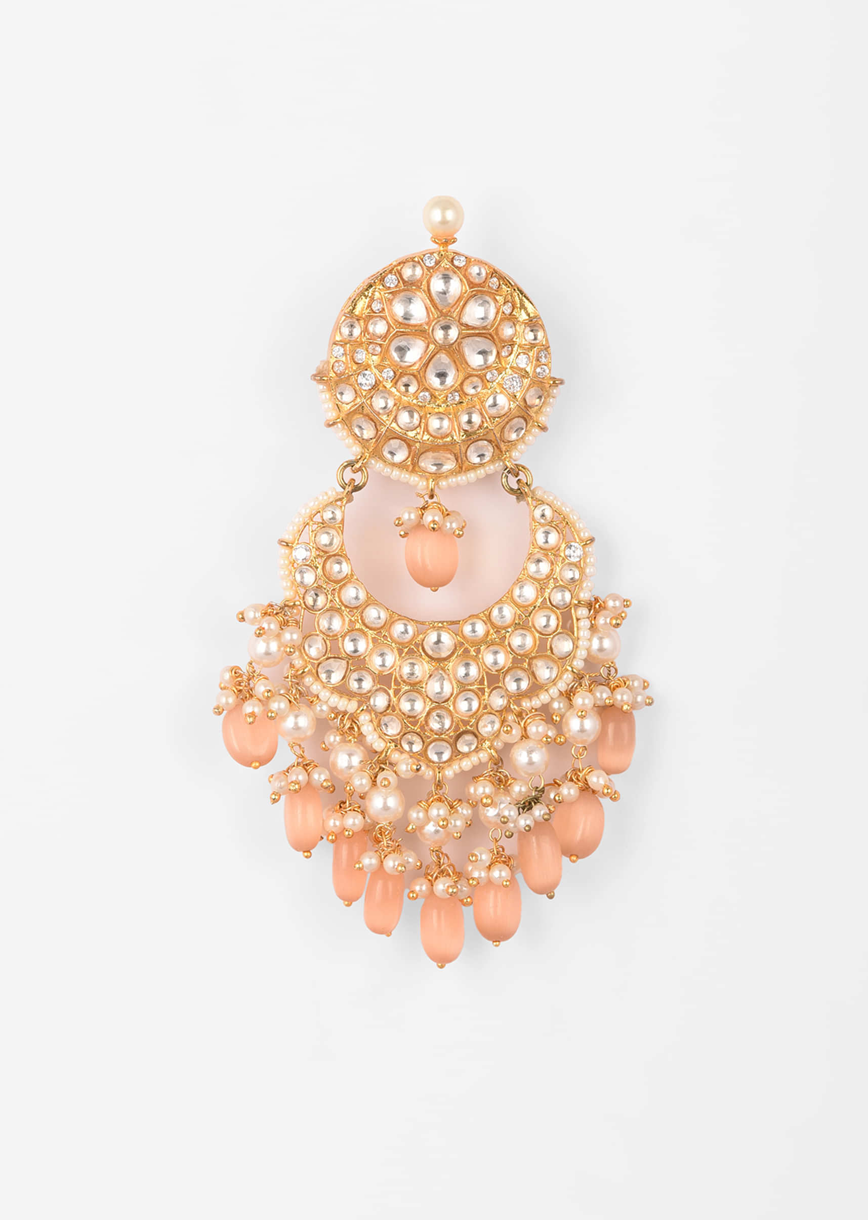 Gold Kundan Earrings With Dangling Pearl And Peach Bead Fringes 