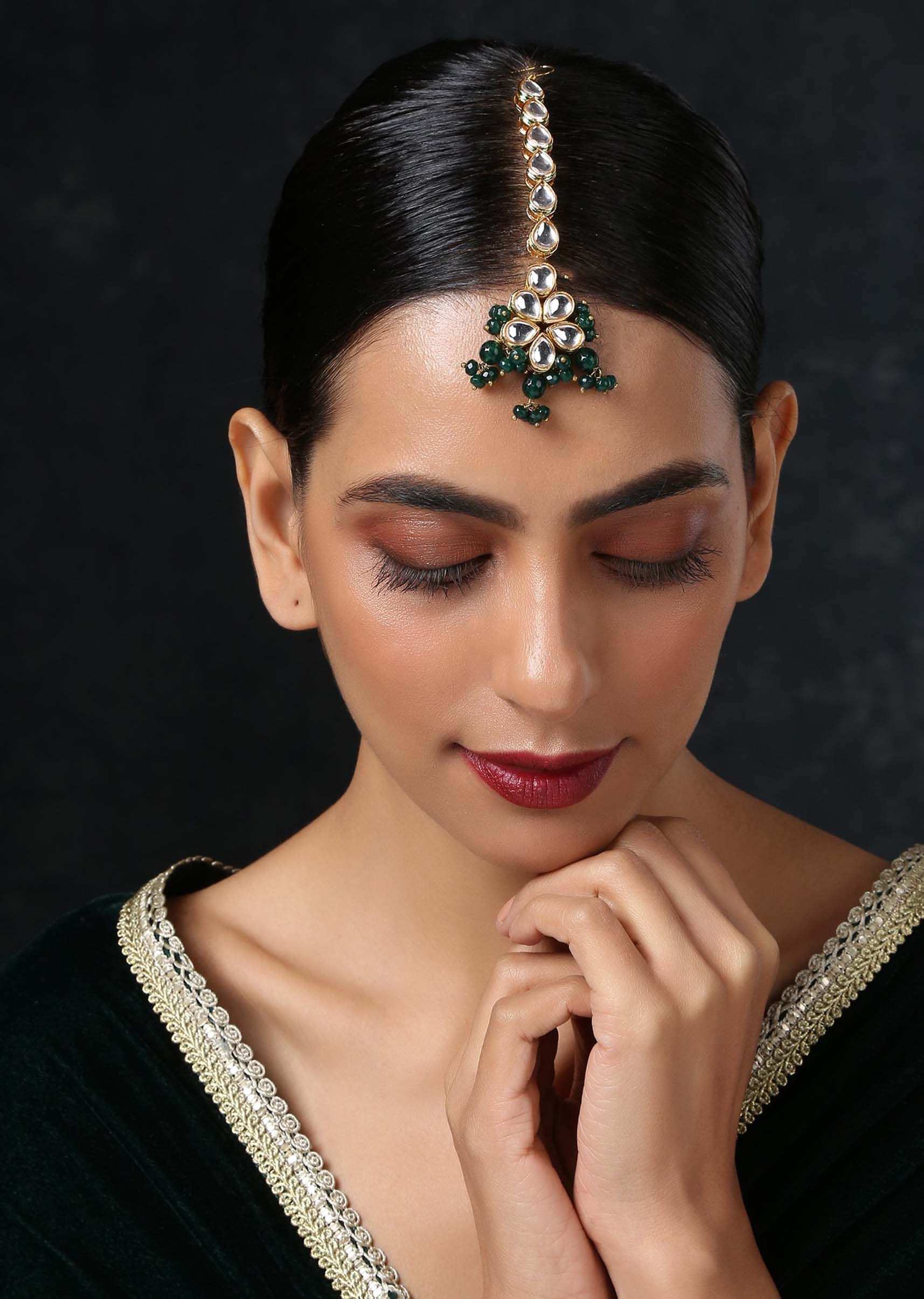 Gold Mangtika With Of Green Stones And Gold Kundan In A Classy Combination
