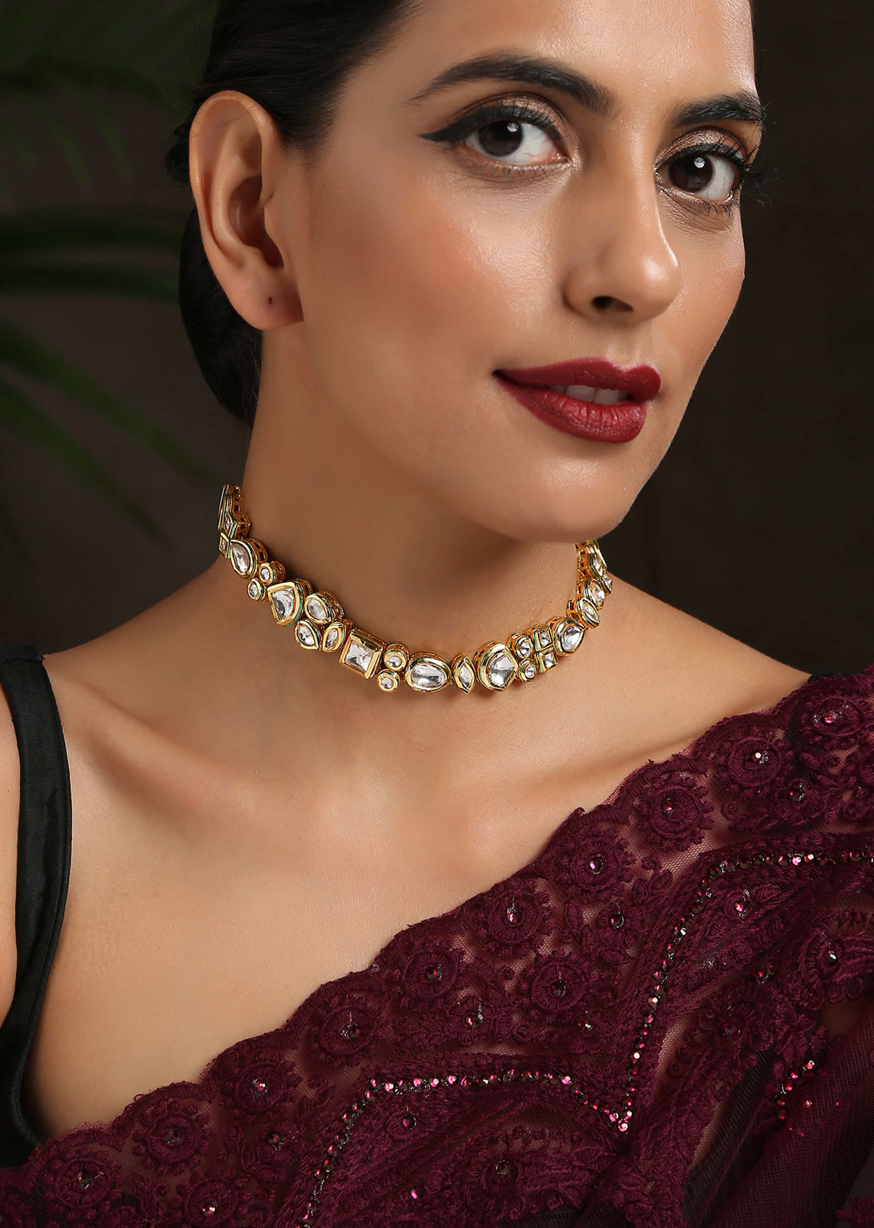 Gold Minimalist Choker Necklace In An Edgy Kundan Design By Paisley Pop