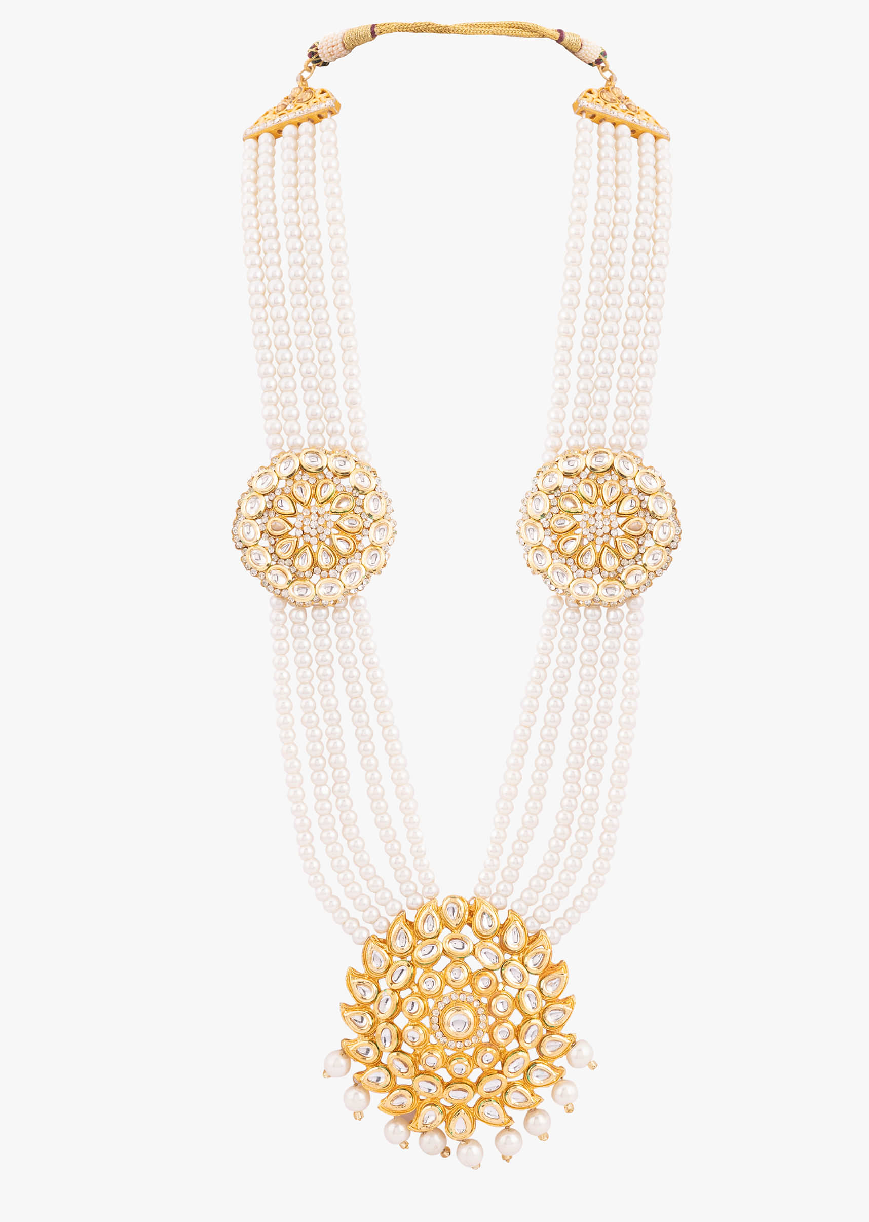 Gold Multi-Layered Pearl Mala With Kundan Roundels