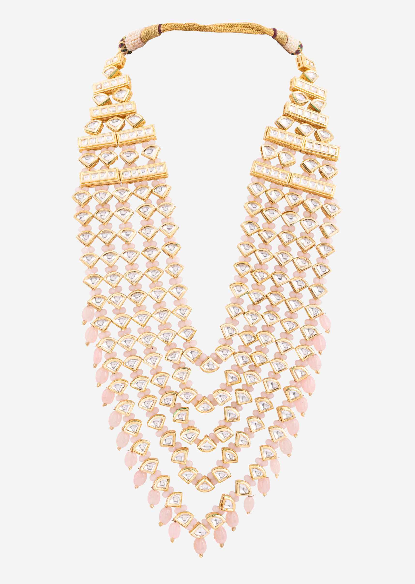 Gold Multi Layered Kundan Mala With Pink Stones