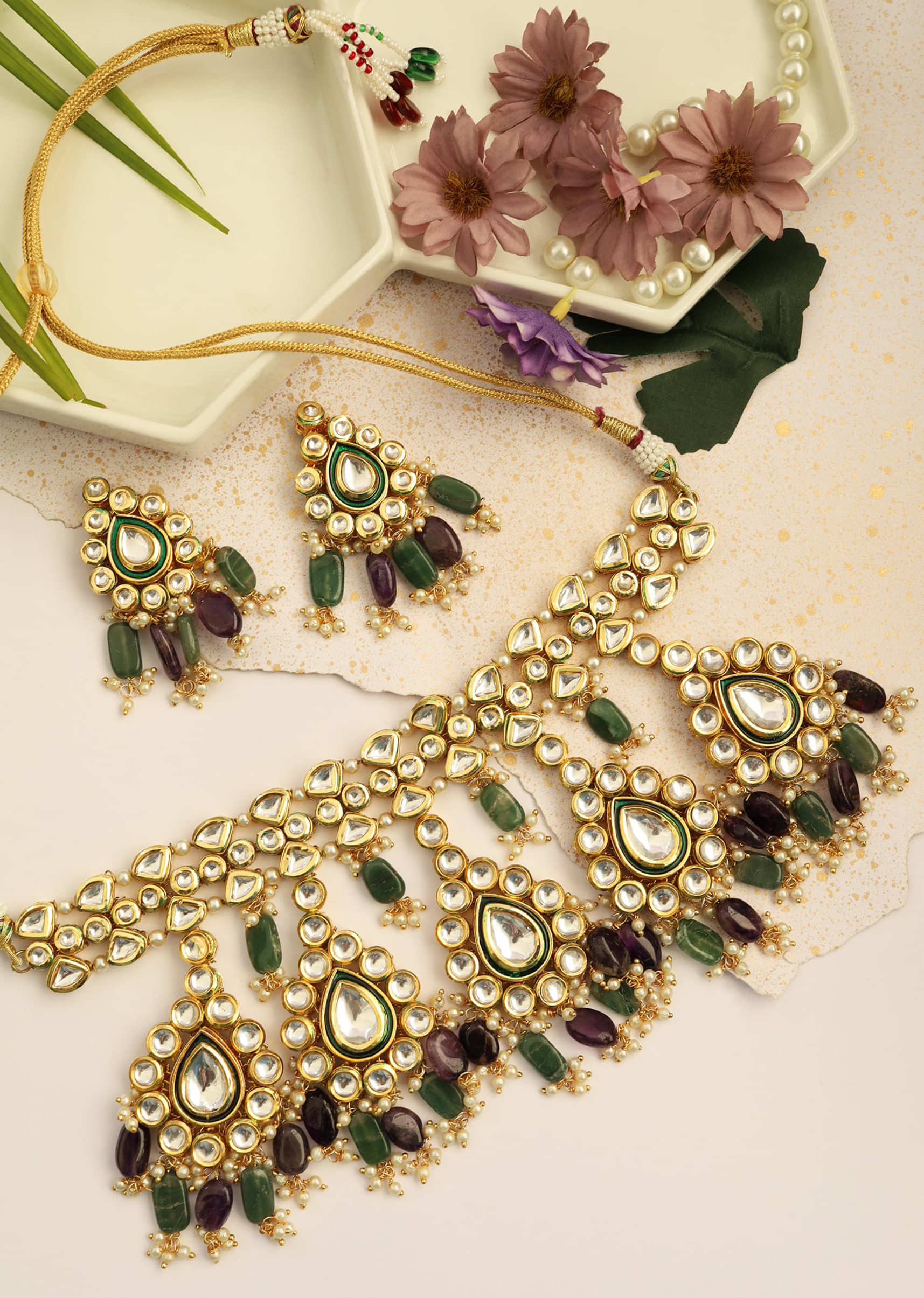 Gold Necklace Set With Intricate Floral Design Studded In Kundan And Green Stones By Paisley Pop