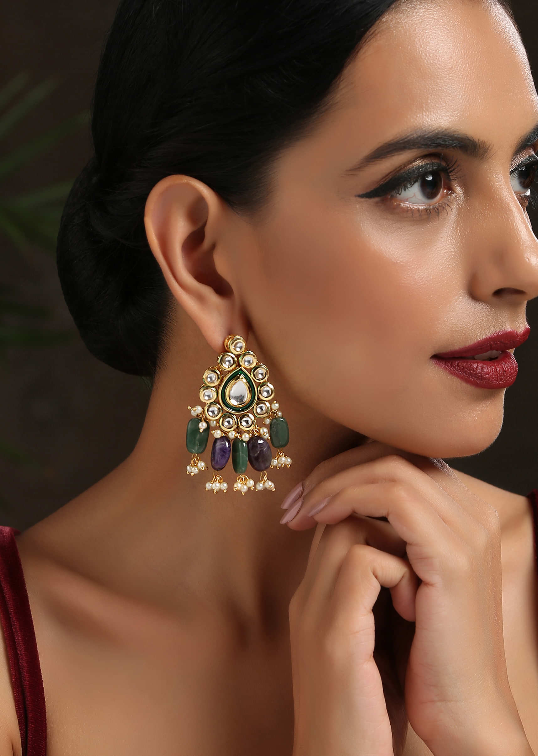 Gold Necklace Set With Intricate Floral Design Studded In Kundan And Green Stones By Paisley Pop