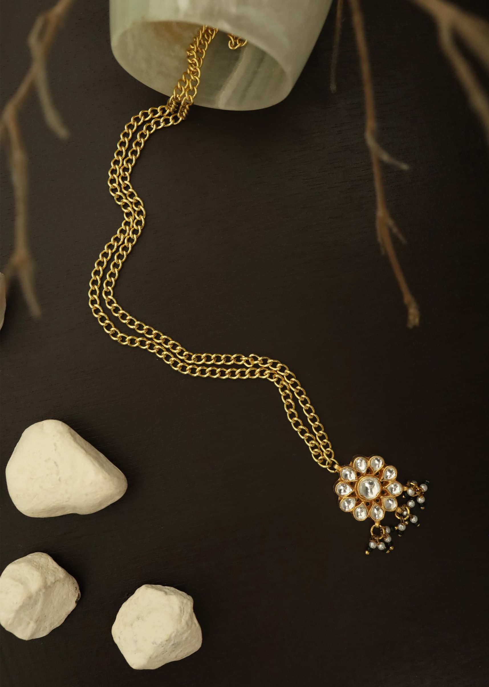 Gold Necklace With Floral Kundan Pendant Accented With Shell Pearls And Green Stones