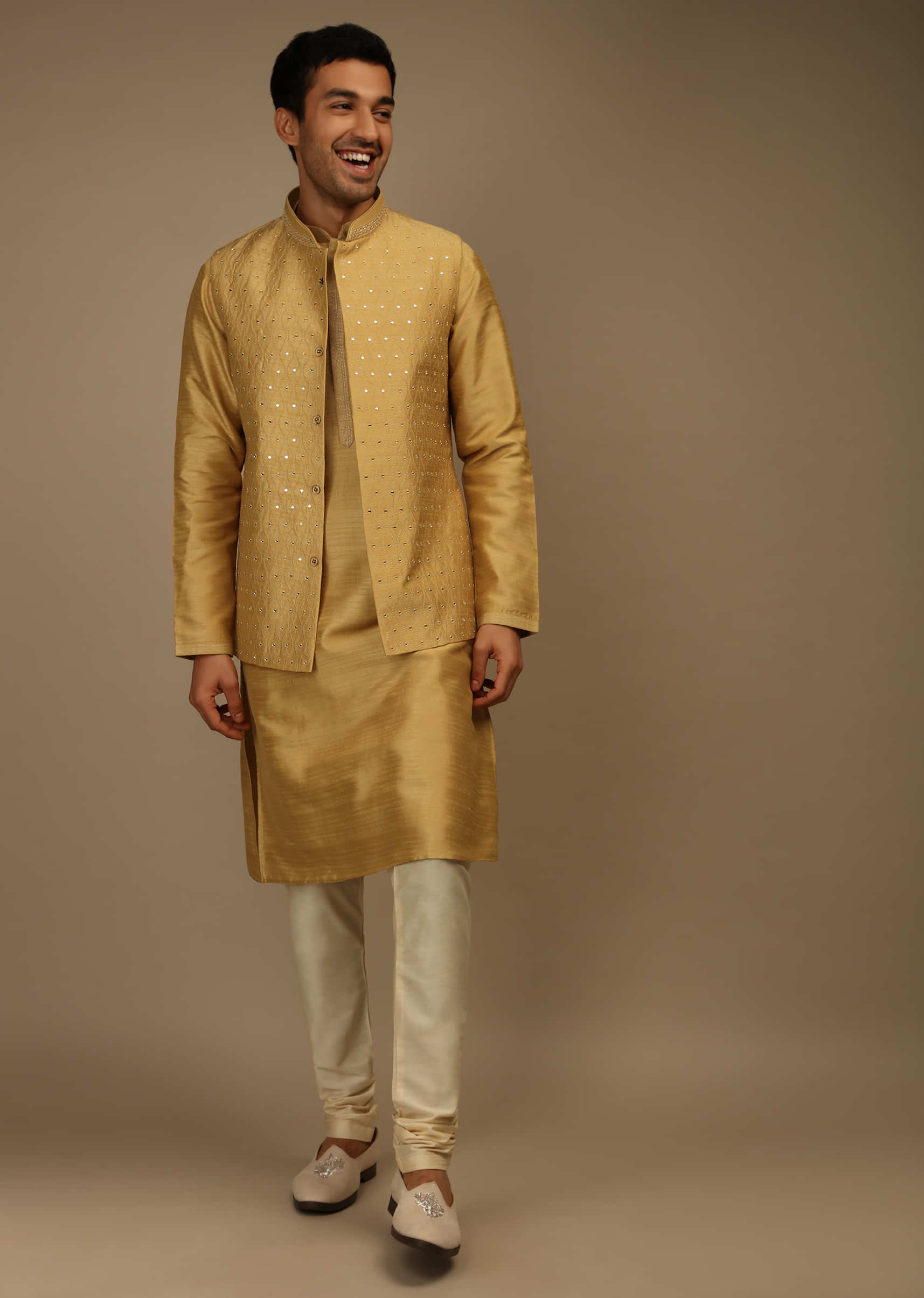 Gold Nehru Jacket And Kurta Set In Tussar Silk With Resham And Mirror Abla Embroidered Moroccan Jaal