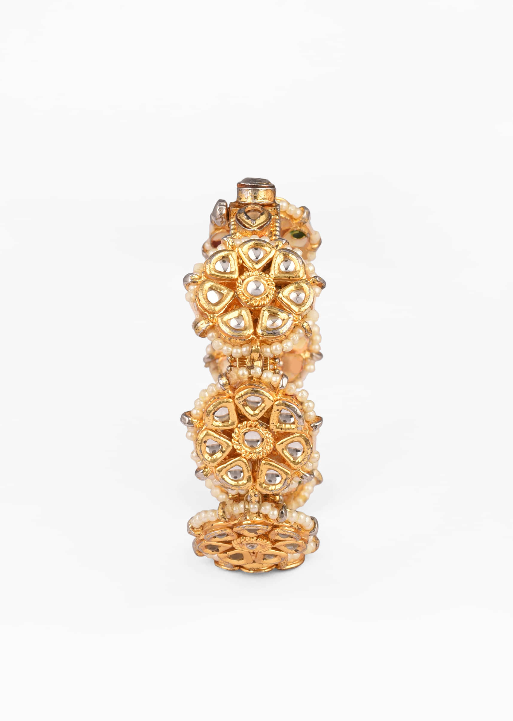 Gold Plated Bangle With Floral Kundan And Moti Work