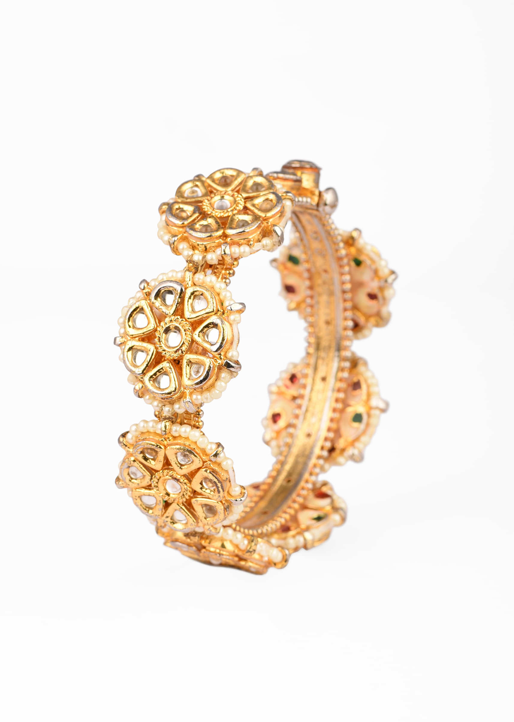 Gold Plated Bangle With Floral Kundan And Moti Work