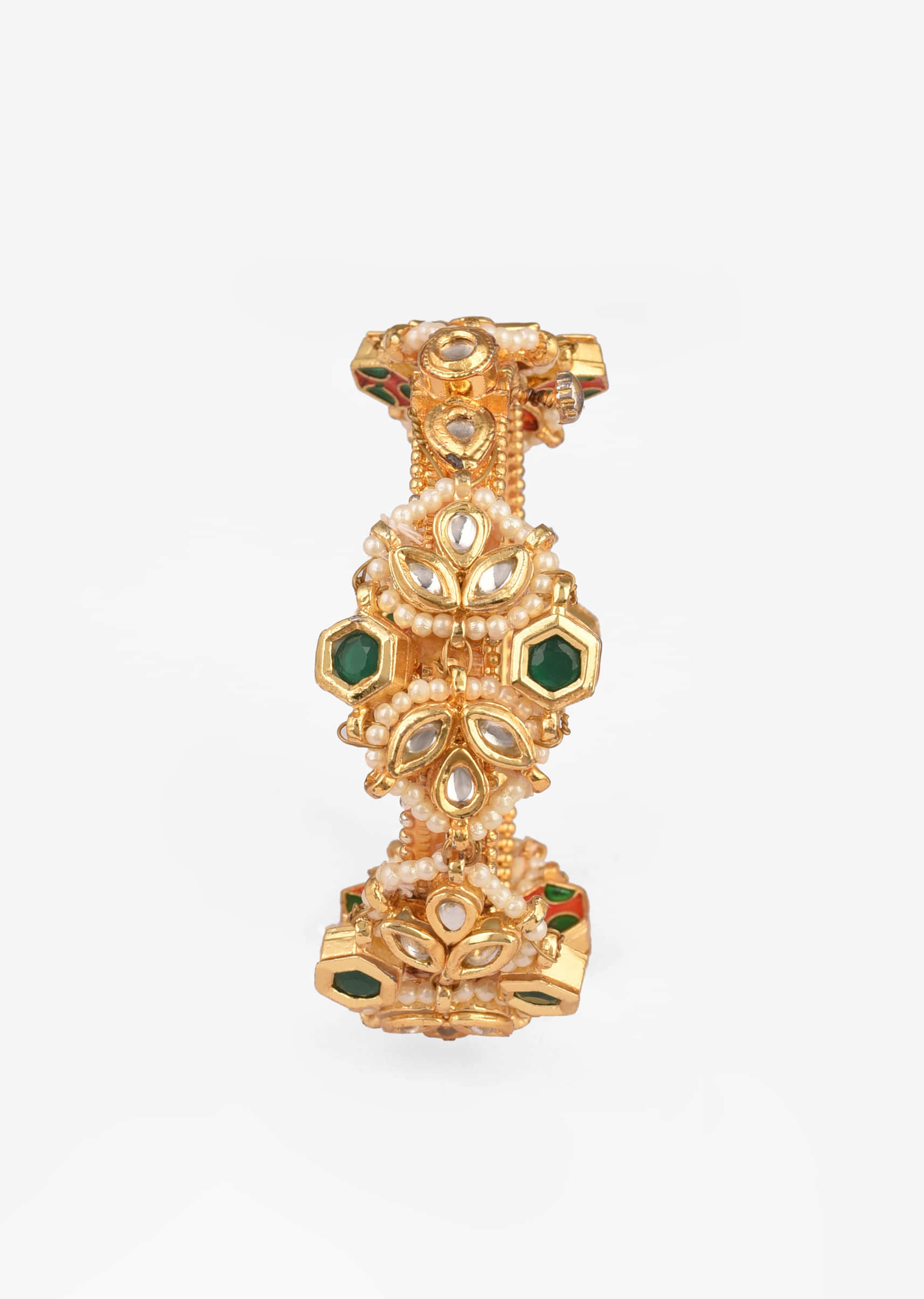 Gold Plated Bangle With Green And White Kundan And Moti Work
